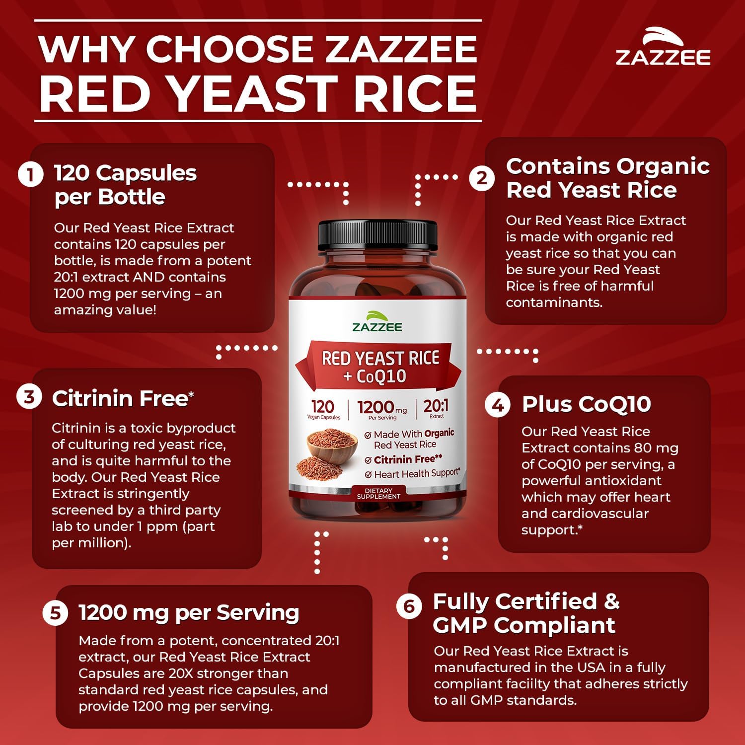 Zazzee Organic Red Yeast Rice 20:1 Extract with CoQ10, Citrinin-Free, 1200 mg per Serving, 80 mg CoQ10, 120 Vegan Capsules, Healthy Heart & Cardiovascular Support, Non-GMO, Made in the USA