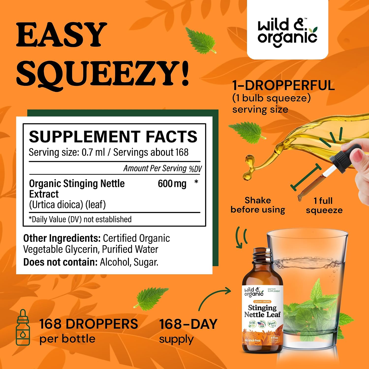 Wild & Organic Stinging Nettle Leaf Tincture - Urinary Tract Support - Stinging Nettle Extract Liquid Drops - Urtica Dioica Supplement - 5-Month Supply - Vegan, Sugar & Alcohol-Free - 4 fl oz