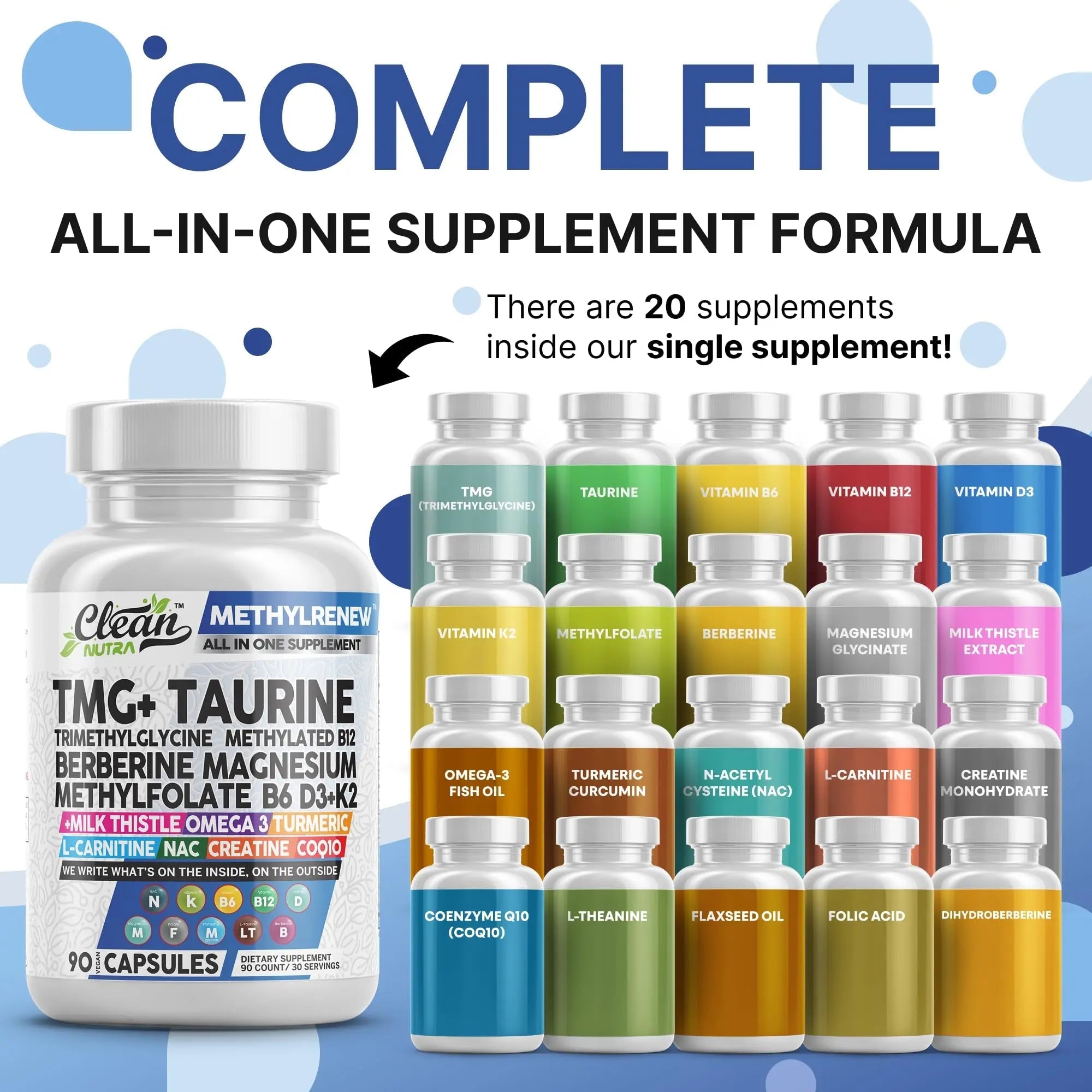 Clean Nutra TMG Supplements 1000mg | Methylated Multivitamin for Women Men | Taurine B6 Vitamins B12 D3 K2 Trimethylglycine Magnesium Clean Nutraceuticals