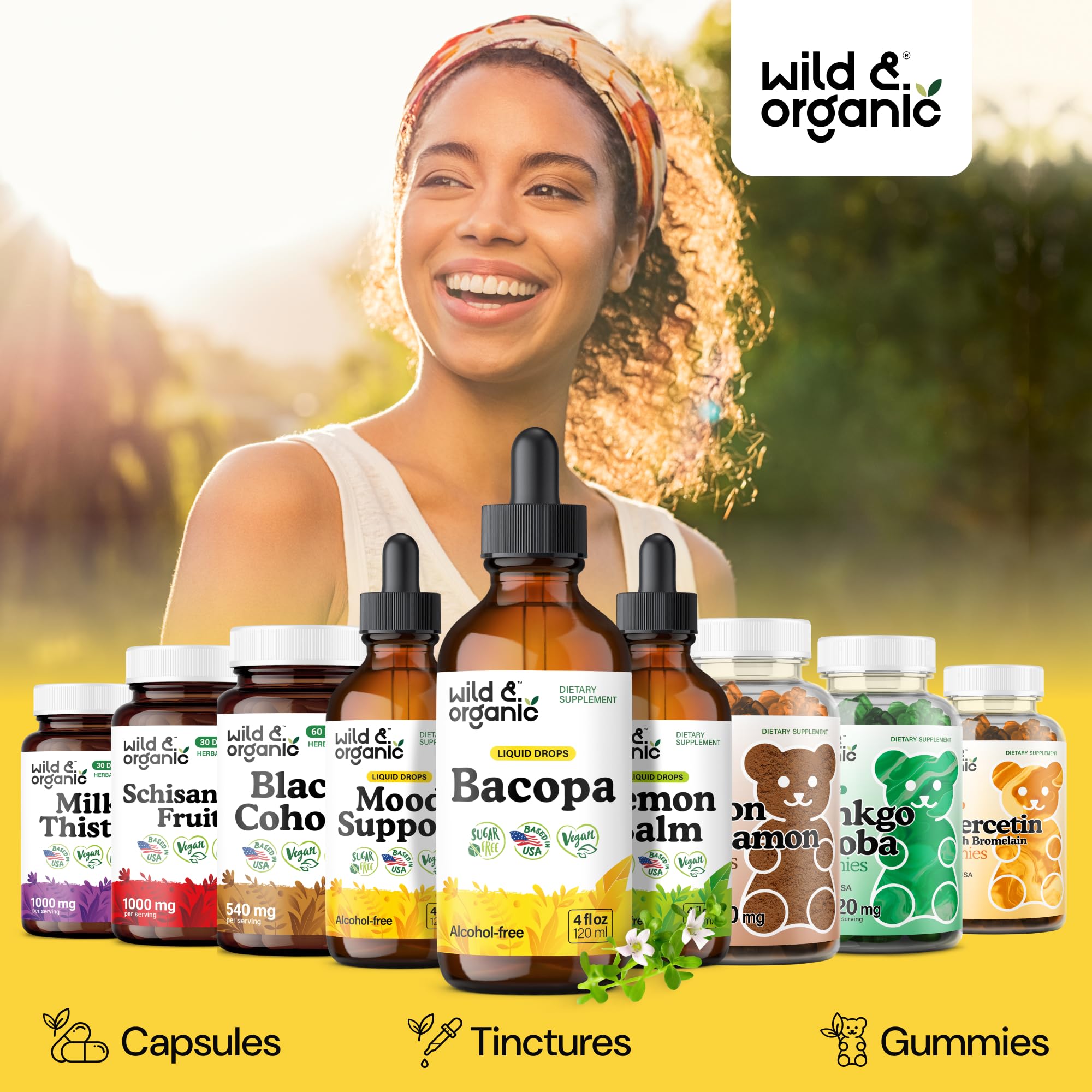 Wild & Organic Bacopa Monnieri Supplement - Brain & Focus Support - Bacopa Extract Liquid Drops - Brahmi Herb Tincture to Add to Tea - 5-Month Supply - Vegan, Sugar & Alcohol-Free - 4 fl oz