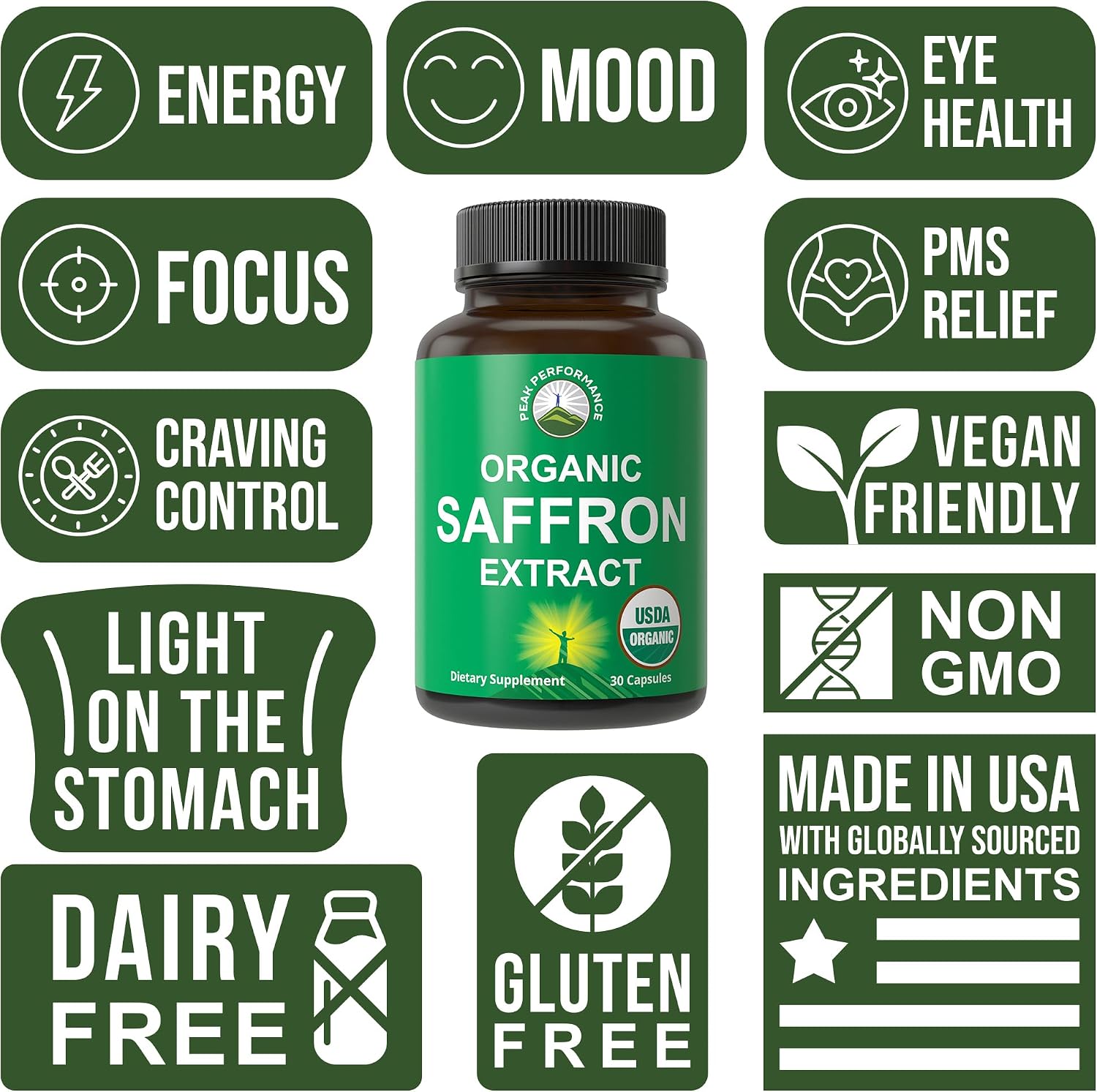 Saffron Supplements - USDA Organic Saffron Extract Capsules for Women, Men, and Kids. with Organic Prebiotic Fiber Instead of Filler. Pure and Natural for Mood, Brain, Focus, Cravings, PMS