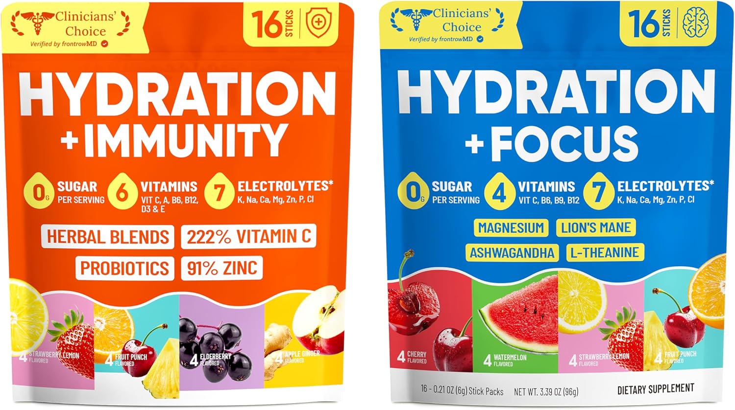 Venture Pal 2-in-1 Hydration Electrolytes Bundle – Focus & Immune Support Powder Packets, 7 Electrolytes, Vitamins, Magnesium, Lion’s Mane, L-Theanine, Elderberry, Sugar Free Drink Mix, 32 Sticks