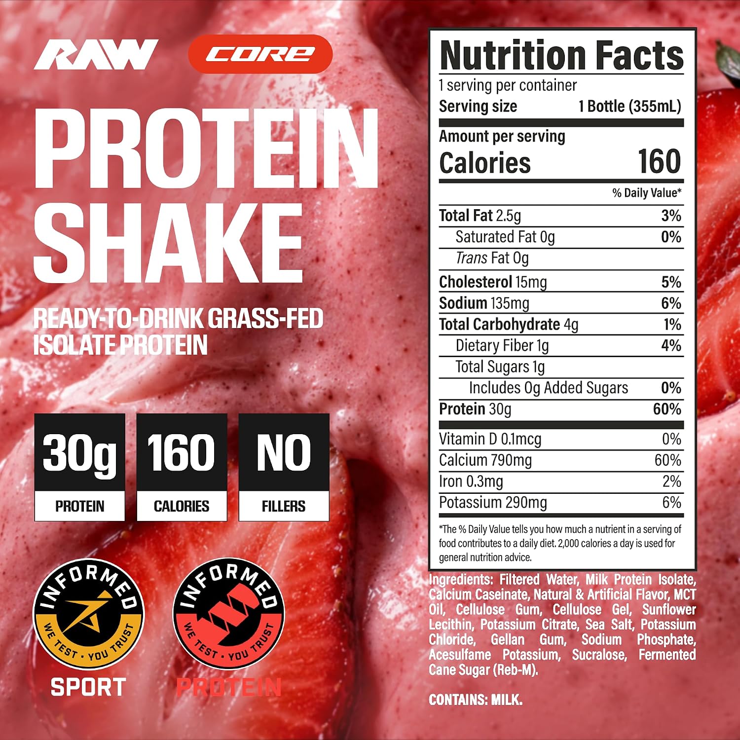 RAW Ready-to-Drink Protein Shake, Strawberry - RTD Protein Drinks with Grass-Fed Whey Protein Isolate for Post-Workout - Zero-Sugar & Gluten-Free Meal Replacement Drink & Breakfast Shake, 12 Fl Oz