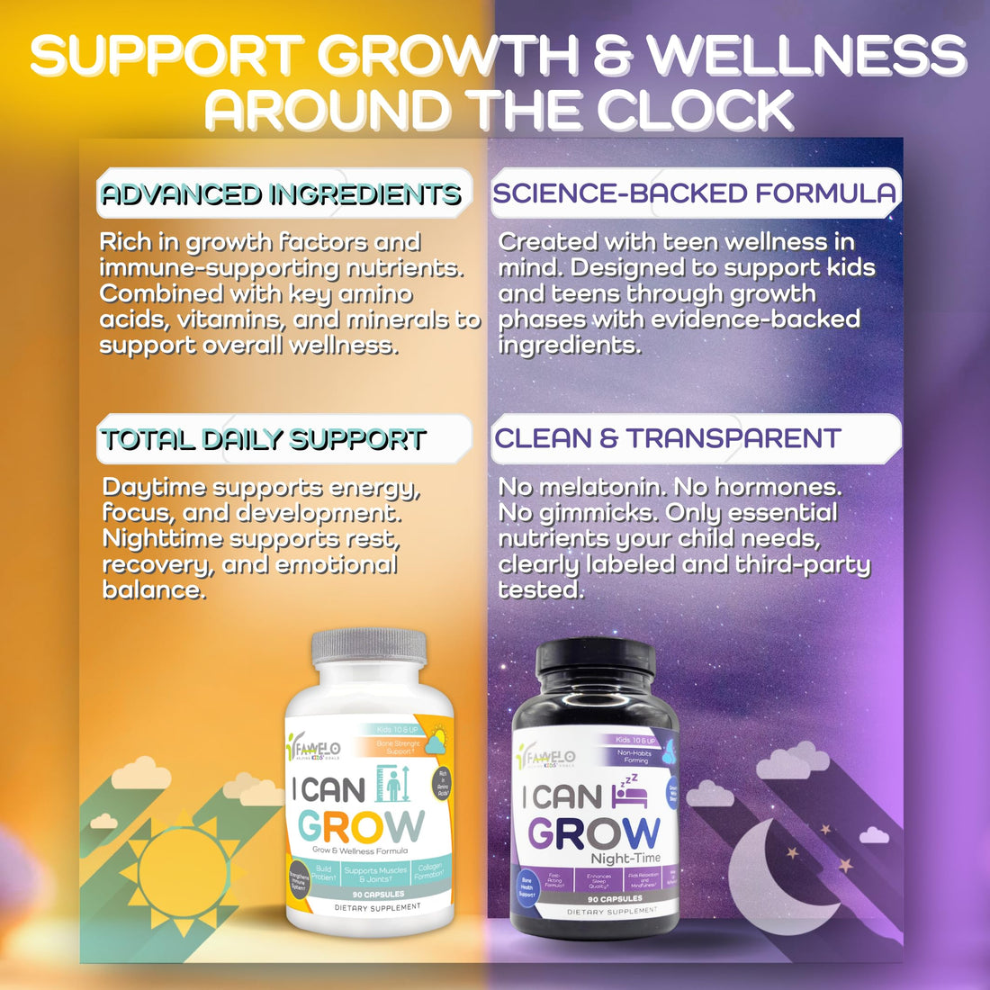 Three bottles of 'I Can Grow' supplement with visible capsules on a white background