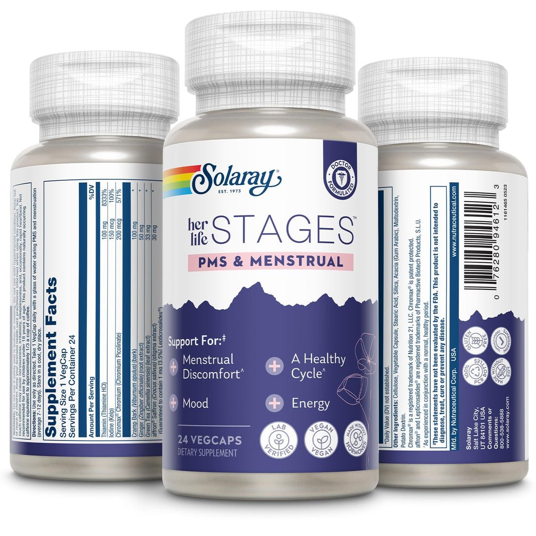 Solaray PMS & Menstrual her life STAGES - PMS Support Supplement for Women with Cramp Bark, Vitex Chasteberry - Made Without Hormones - 60-Day Guarantee - Vegan, Lab Verified - 24 Servings, 24 VegCaps SOLARAYBuy Supplements Australia