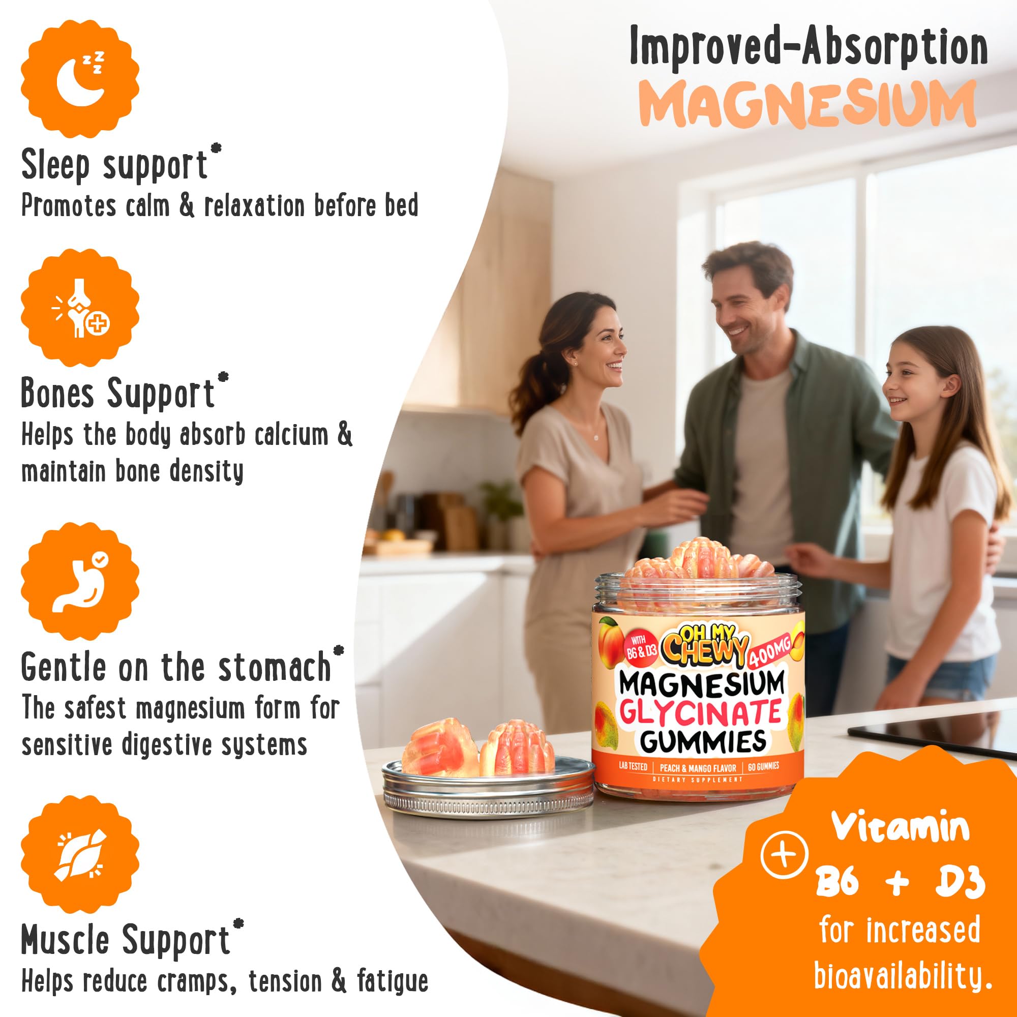 Center-Filled Magnesium Glycinate Gummies 400MG - High Absorption for Kids, Teens & Adults - Supplement for Sleep, Calm & Muscle Relaxation with B6 & D3 - Gluten Free & Vegan Friendly - 60 Count OH MY CHEWYBuy Supplements Australia