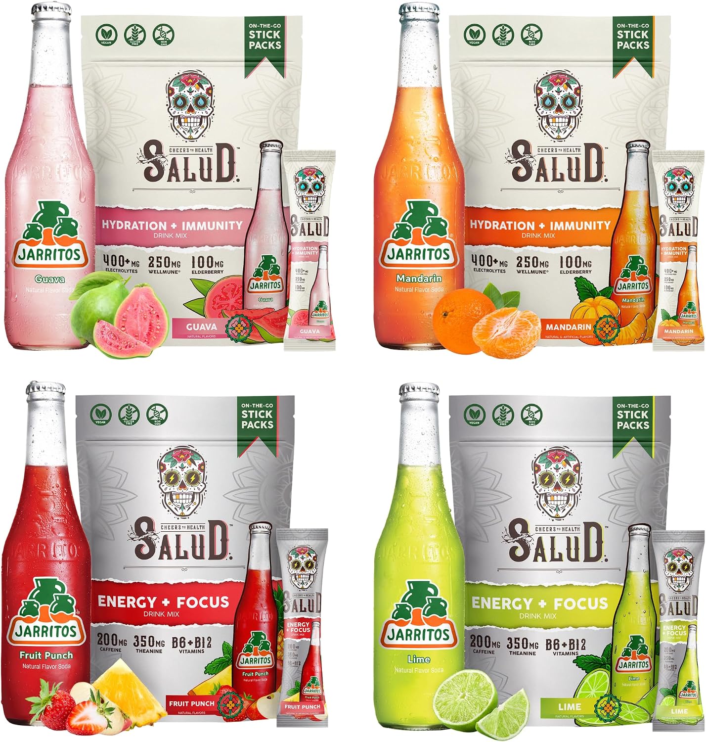 Salud x Jarritos 4-Pack | 2-in-1 Hydration + Immunity (Guava & Mandarin) & Energy + Focus (Fruit Punch & Lime) – 15 Servings Each, Agua Fresca Drink Mix, Non-GMO, Gluten Free, Vegan, Low Calorie, 1g o