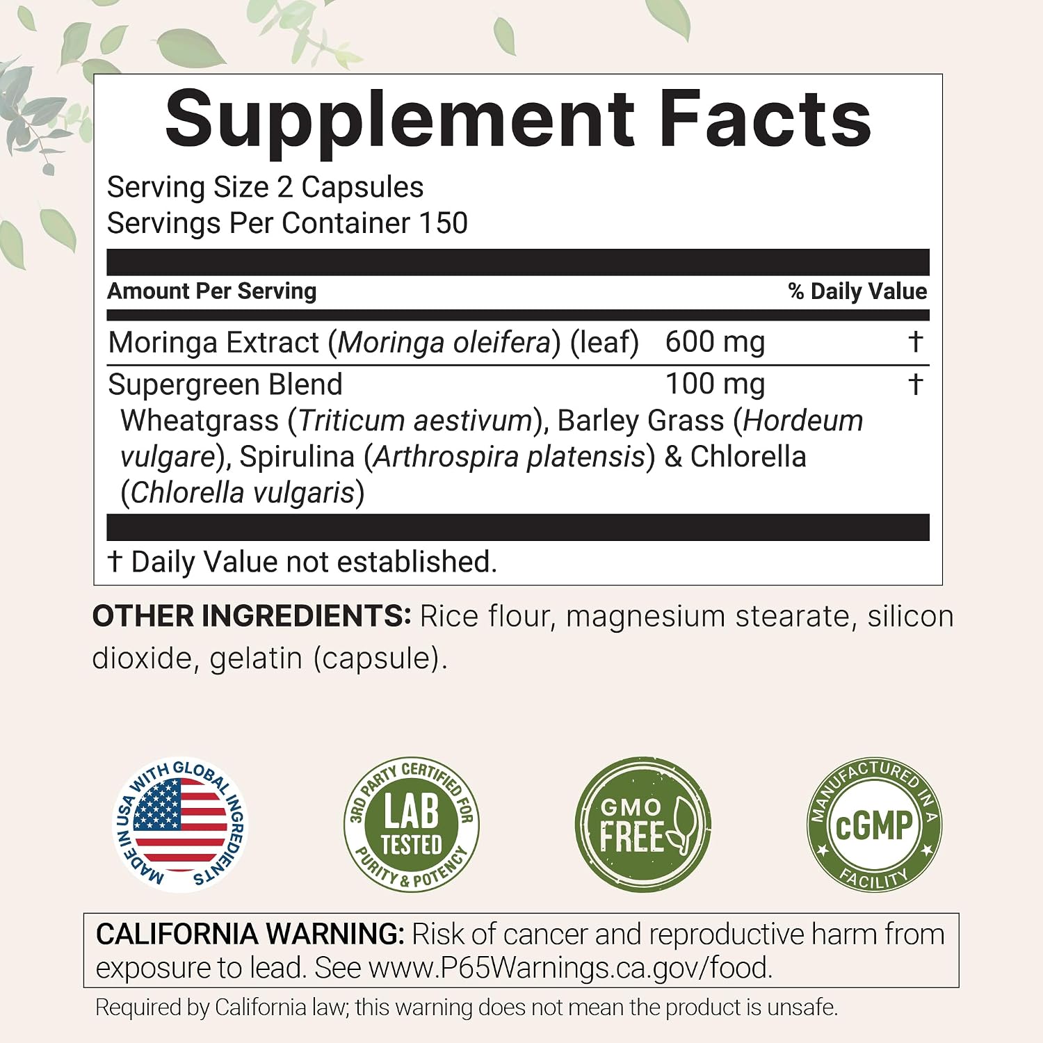 Micro Ingredients Moringa Oleifera | 300 Capsules with Supergreens Blend of Wheatgrass, Barley Grass, Spirulina, & Chlorella | Antioxidant Supplement, Energy, & Immune Support | Non-GMO