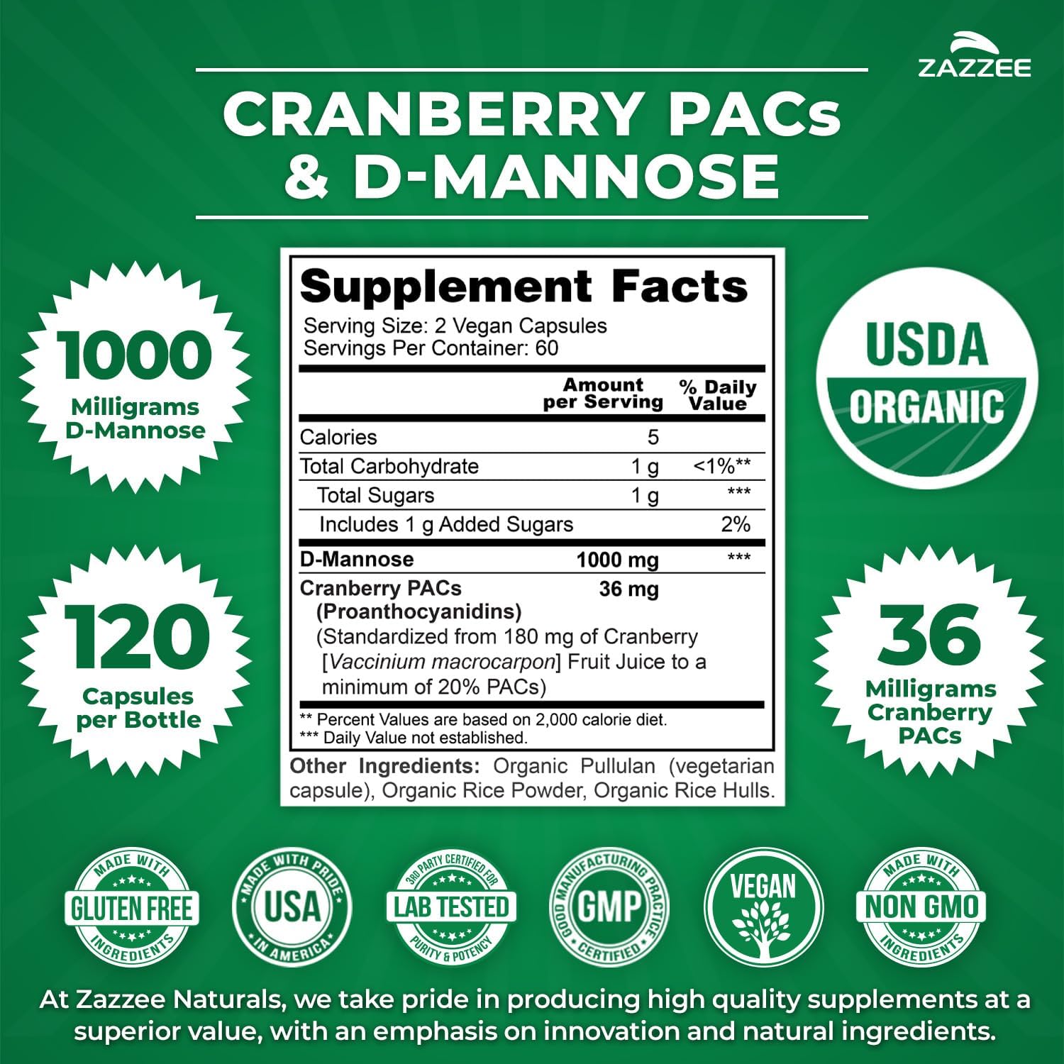 Zazzee USDA Organic Cranberry PACs & D-Mannose, 36 mg PACs per Serving, 1000 mg D-Mannose per Serving, 120 Vegan Capsules, 2 Month Supply, Urinary Tract & Bladder Support, Non-GMO, Made in the USA