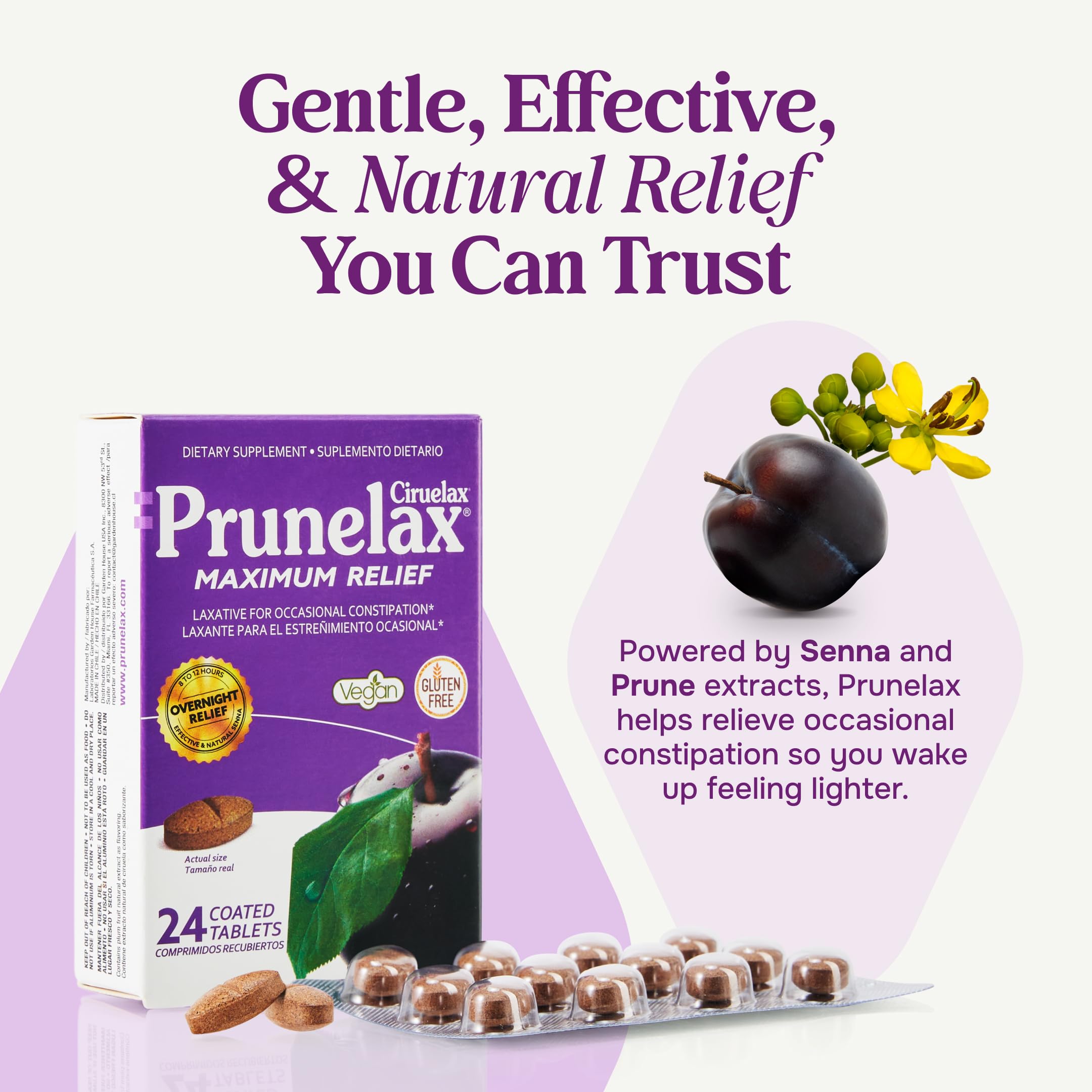 Prunelax Ciruelax Maximum Relief Laxative Tablets with Natural Senna for Occasional Constipation, Senna Extract, Vegan & Gluten-Free, Gentle Overnight Relief - 100ct
