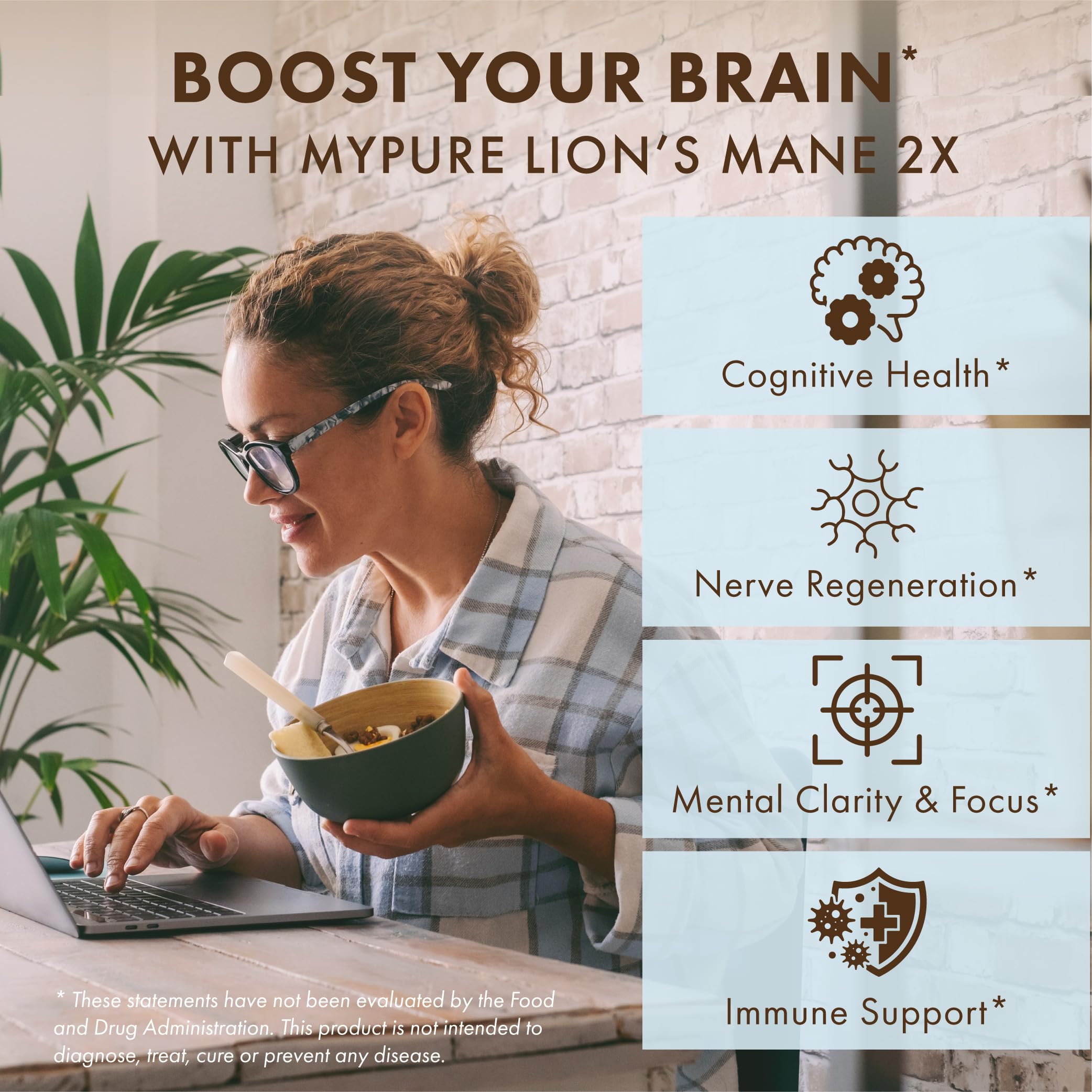 PURE ESSENCE LABS MyPure Lion's Mane 2X - Double Strength Brain Support Supplement with 100% Organic Fruiting Body Lion's Mane for Cognitive Health, Focus, Memory & Mental Clarity, 30 Capsules