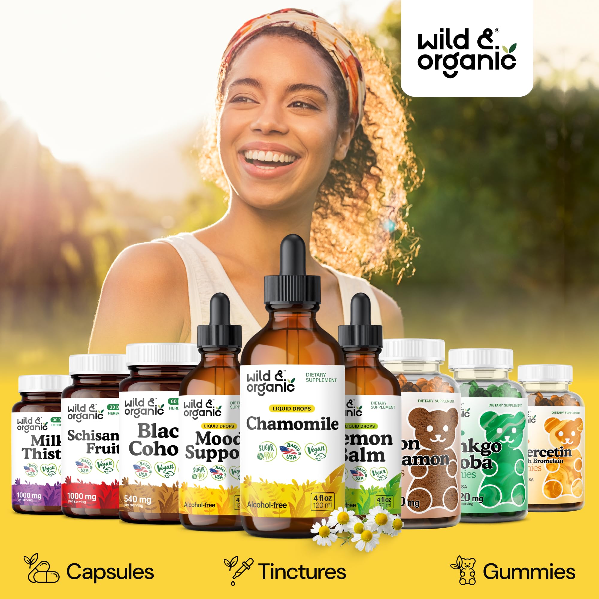 Wild & Organic Chamomile Flowers Drops - Add to Tea for Relaxation Support - 500 mg Chamomile Extract Liquid Drops - Calming Herbal Supplement - 56-Day Supply - Vegan, Sugar & Alcohol-Free - 4 fl oz