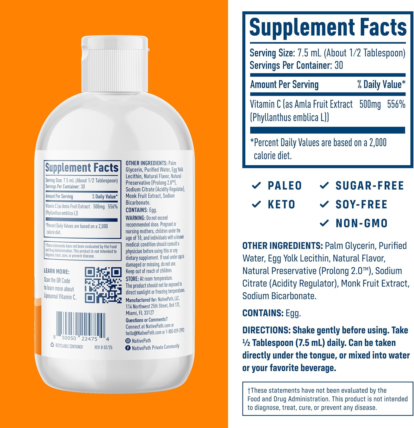 NativePath Liposomal Vitamin C 500mg, Orange, 30 Servings | From Whole-Food Amla, High Absorption Antioxidant, Supports Collagen Production, Soy-Free Liquid, Non-GMO