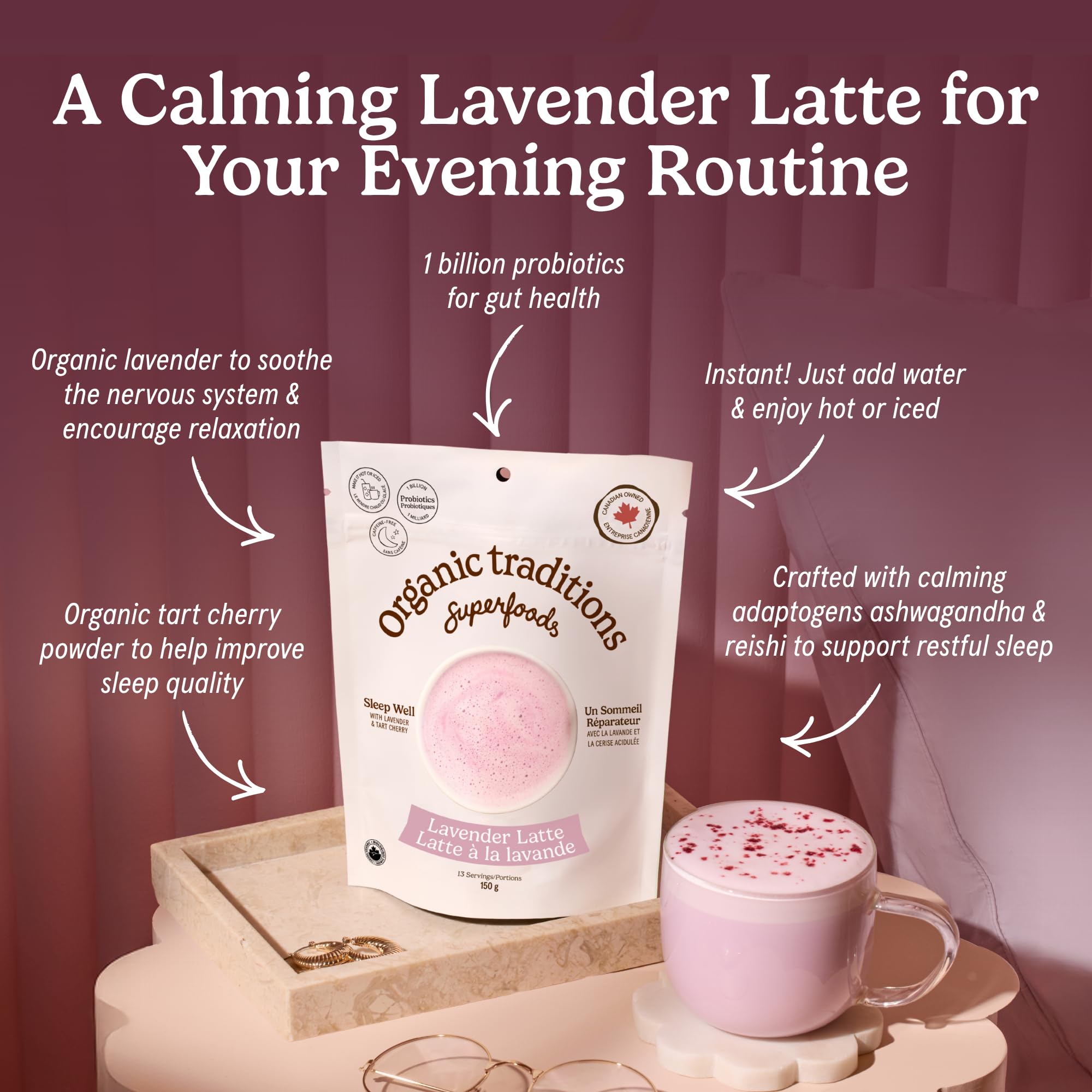 Organic Traditions Lavender Latte Calming Drink Mix, Caffeine Free Latte Blend with Lavender Powder, Tart Cherry, Probiotics, Reishi, and Ashwandha, Evening Beverage for Gentle Wind Down, 150g / 5.3oz