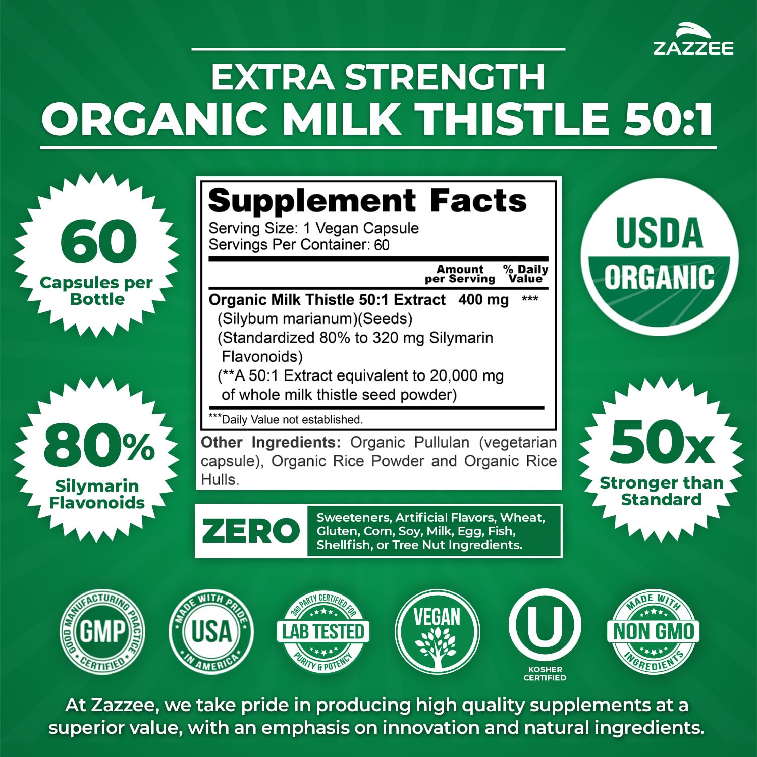 Zazzee USDA Organic Milk Thistle 50:1 Extract, 80% Silymarin Flavonoids, 200 Vegan Capsules, 6+ Month Supply, Silybum Marianum, Liver Support & Detox Support, Organic All-Natural, Non-GMO, Made in USA