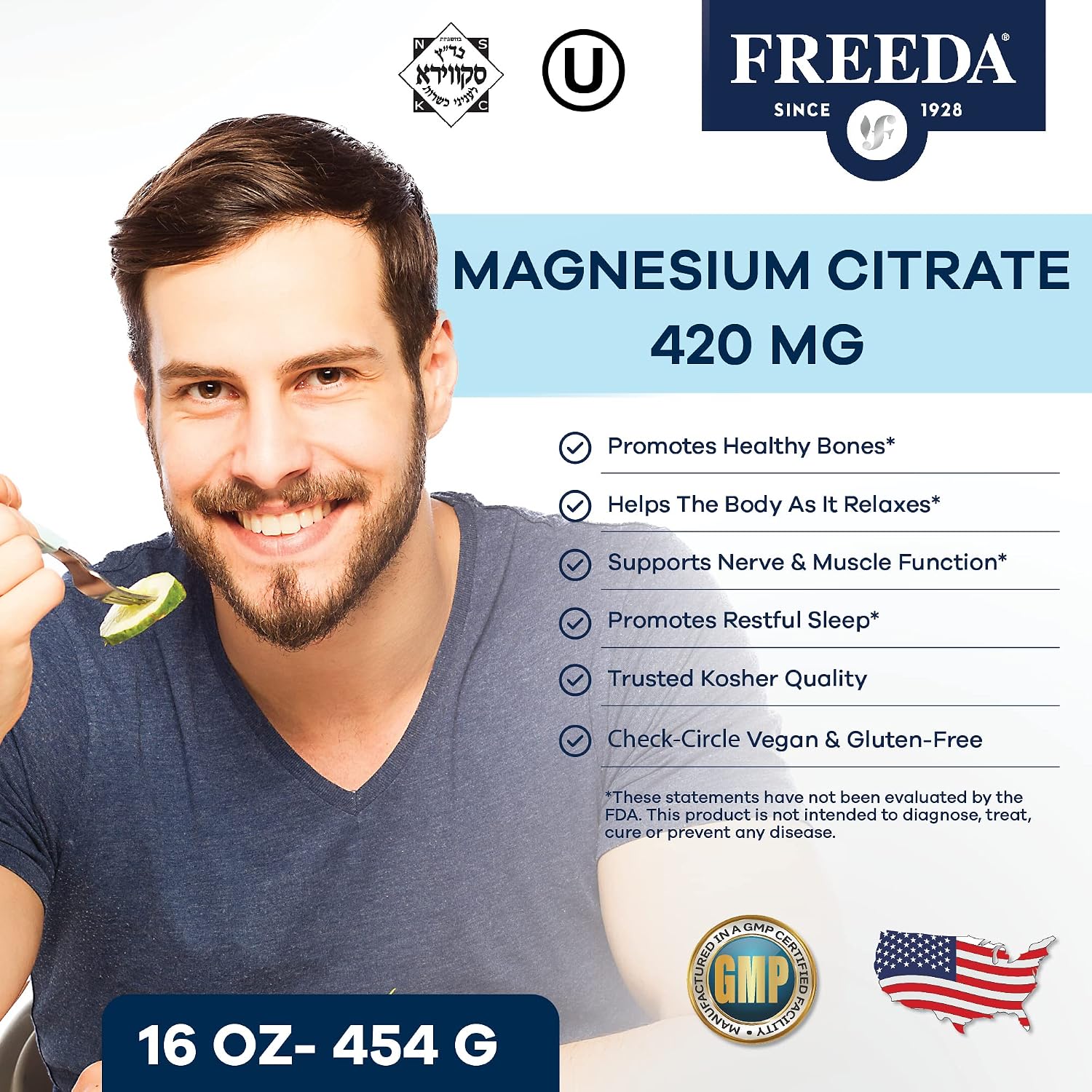 FREEDA Magnesium Citrate Powder for Bone, Joint, & Muscle Support 16 Oz | Supports Nerve Health, Relaxation, & Sleep – Kosher, Vegan, Gluten-Free, Corn-Free, Unflavored, 150 Servings, Made in USA