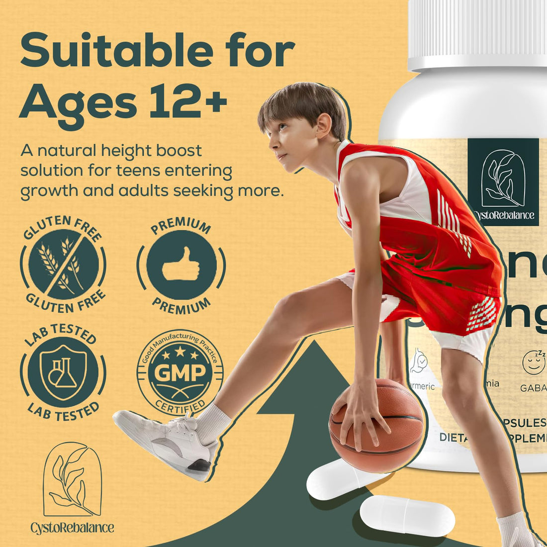 Supplement bottle and packaging labeled 'Height Growth' by OsteoRebalance.