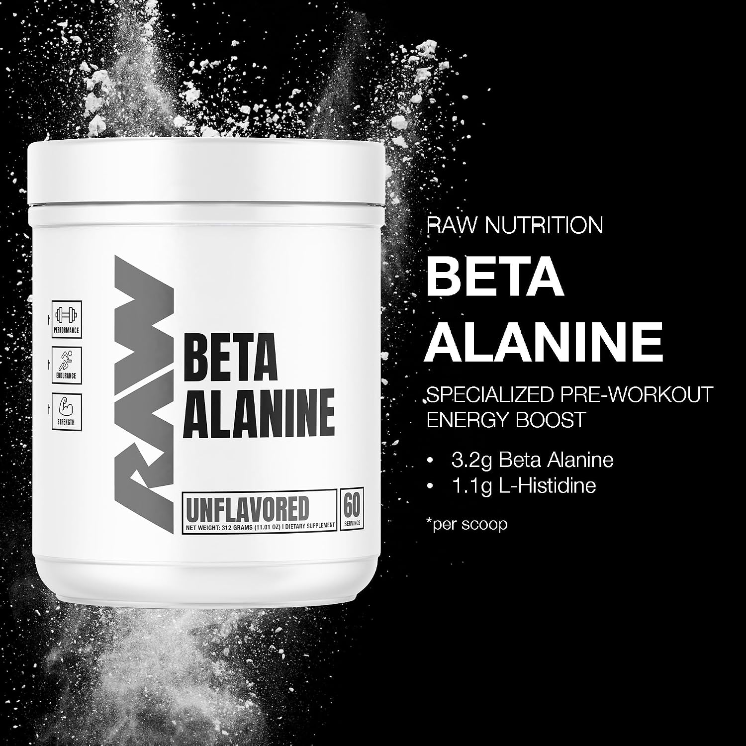 RAW Beta Alanine Powder, Unflavored (60 Servings) - Pre-Workout Powder for Men & Women - Beta Alanine Supplement for Workout Endurance - Preworkout Beta Alanine Powder for Reduced Muscular Fatigue