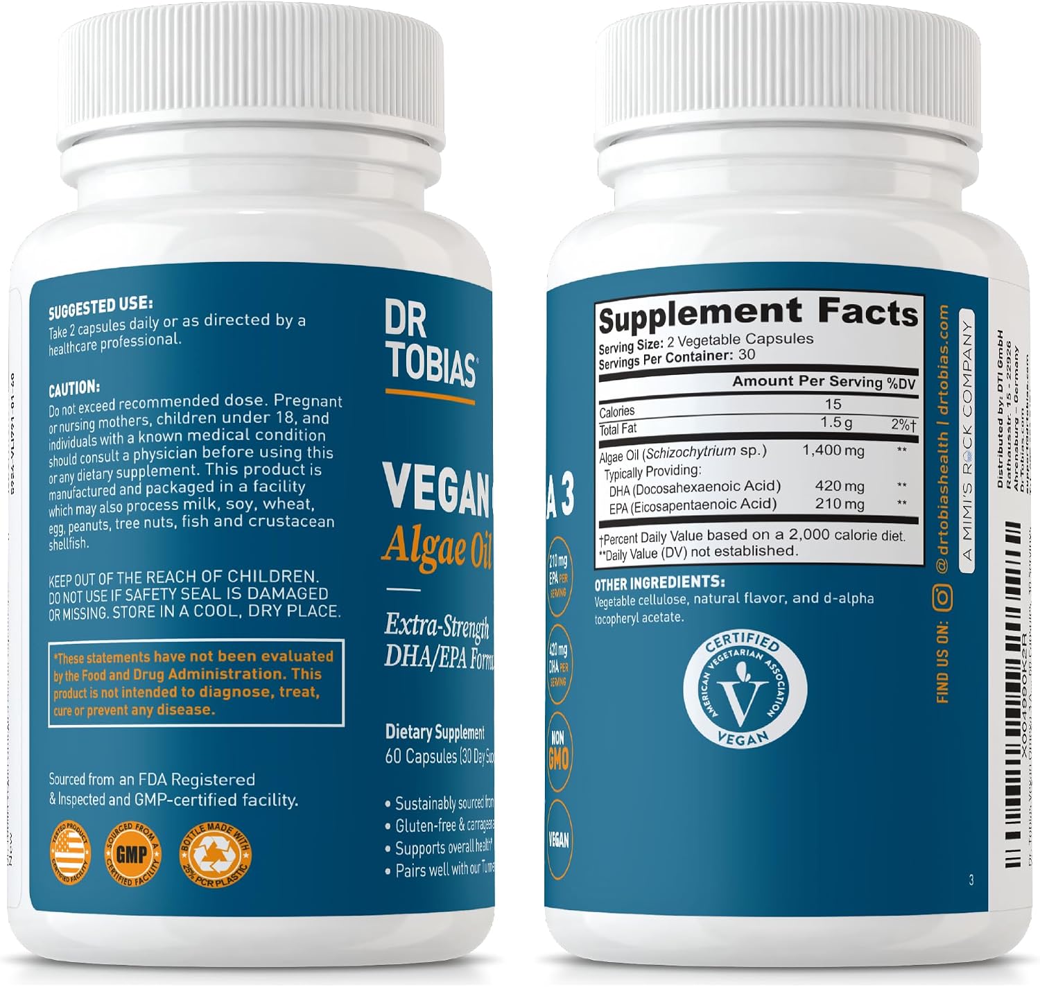 Dr. Tobias Vegan Omega 3 Algae Oil 60 Capsules | Extra-Strength DHA EPA | Plant-Based Omega 3 Supplement | Heart & Brain Support | 420 mg DHA + 210 mg EPA | Lemon Flavor | 30 Servings