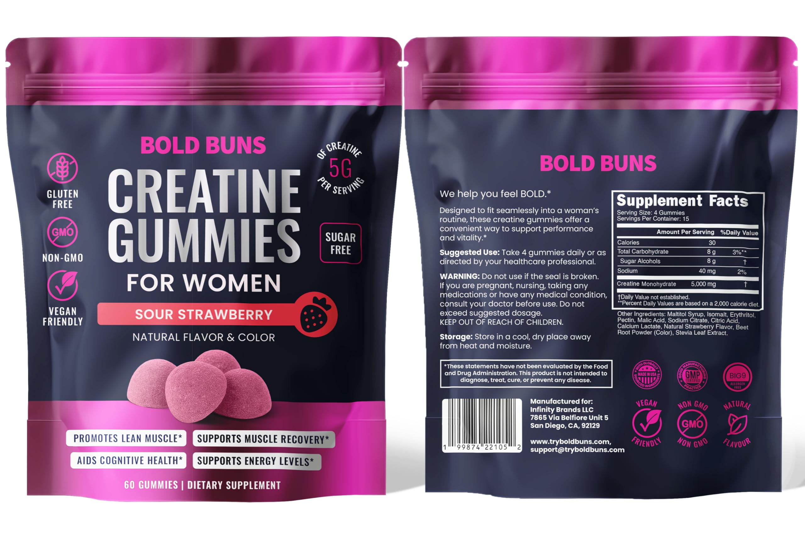 Bold Buns Creatine for Women – Supplement with Collagen & BCAA – Supports Muscle Development, Post-Workout Recovery, Skin Elasticity, Healthy Hair & Nail (30 Servings, Unflavored)