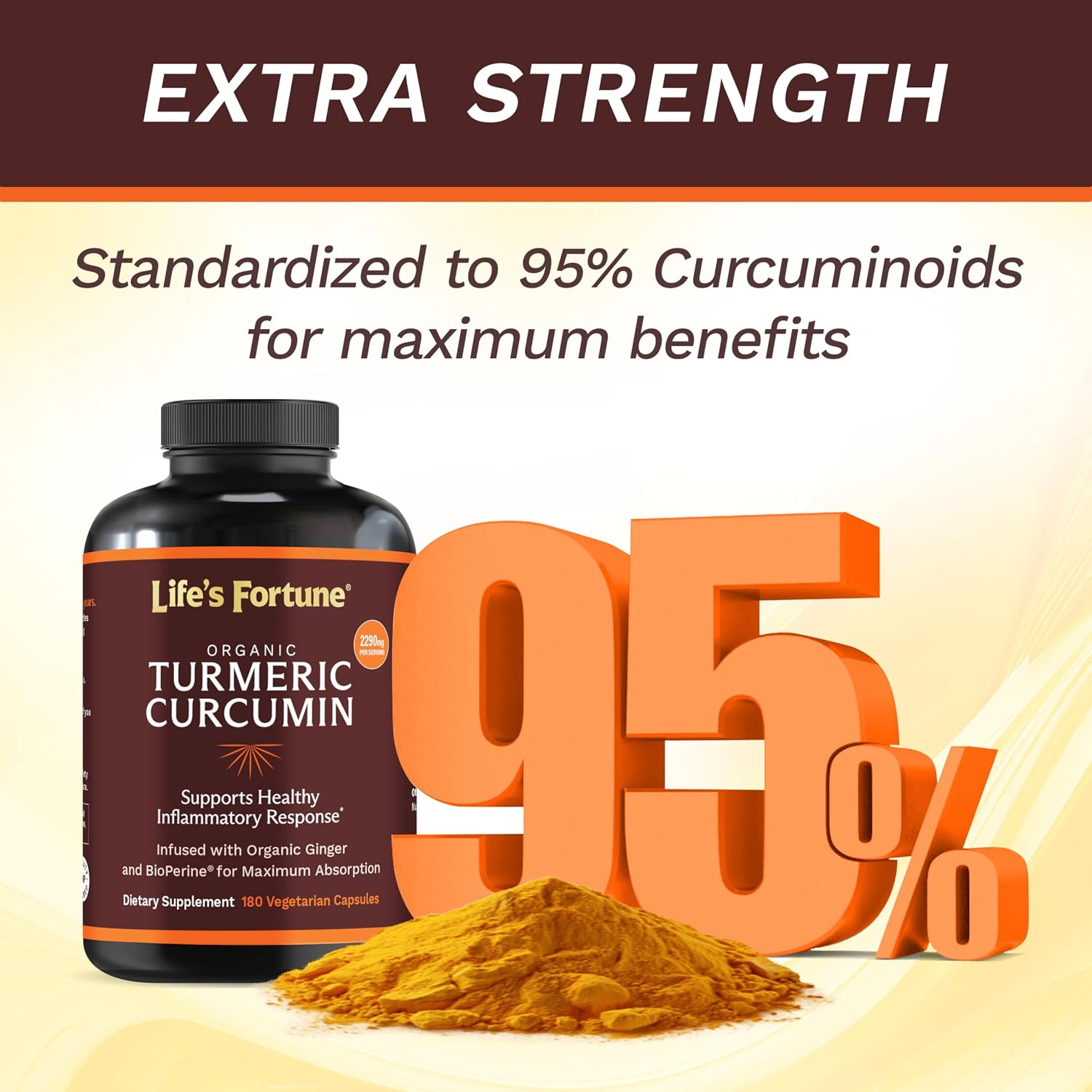 Life's Fortune Organic Turmeric Curcumin with Black Pepper and Ginger, Enhanced Absorption, Extra Strength Supplement, Joint & Immune Support, Non-GMO, 180 Cap - 2250mg