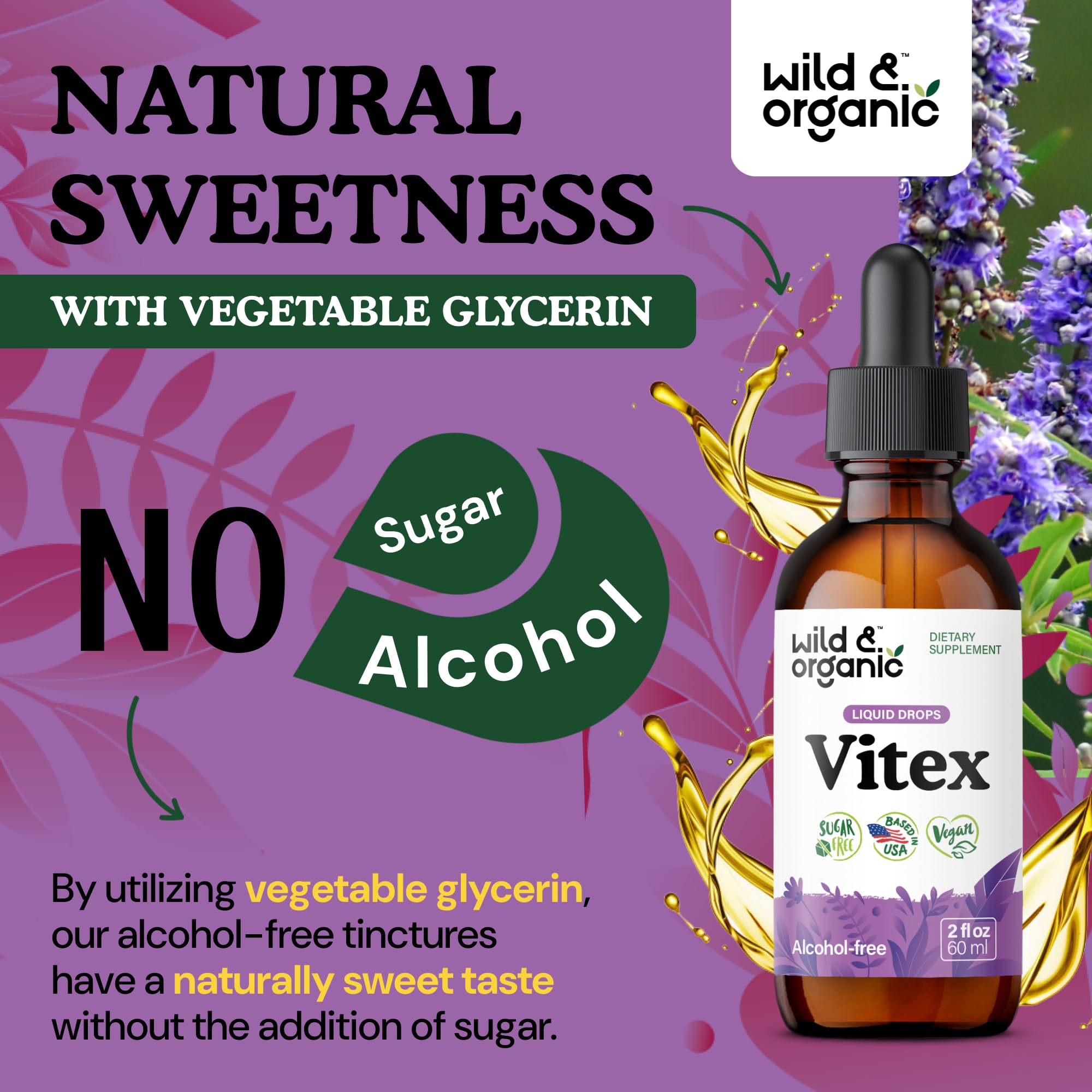 Wild & Organic Vitex Tincture - Mood & Perimenopause Support - Vitex Chasteberry Supplement for Women - Liquid Chaste Tree Berry Extract - Vegan, Sugar & Alcohol-Free Herb Drops - 4 fl oz