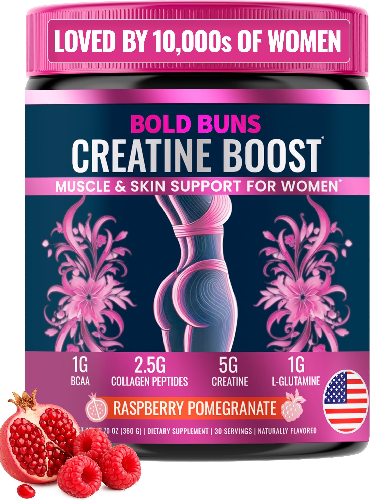 Bold Buns Creatine for Women – Supplement with Collagen & BCAA – Supports Muscle Development, Post-Workout Recovery, Skin Elasticity, Healthy Hair & Nail (30 Servings, Unflavored)