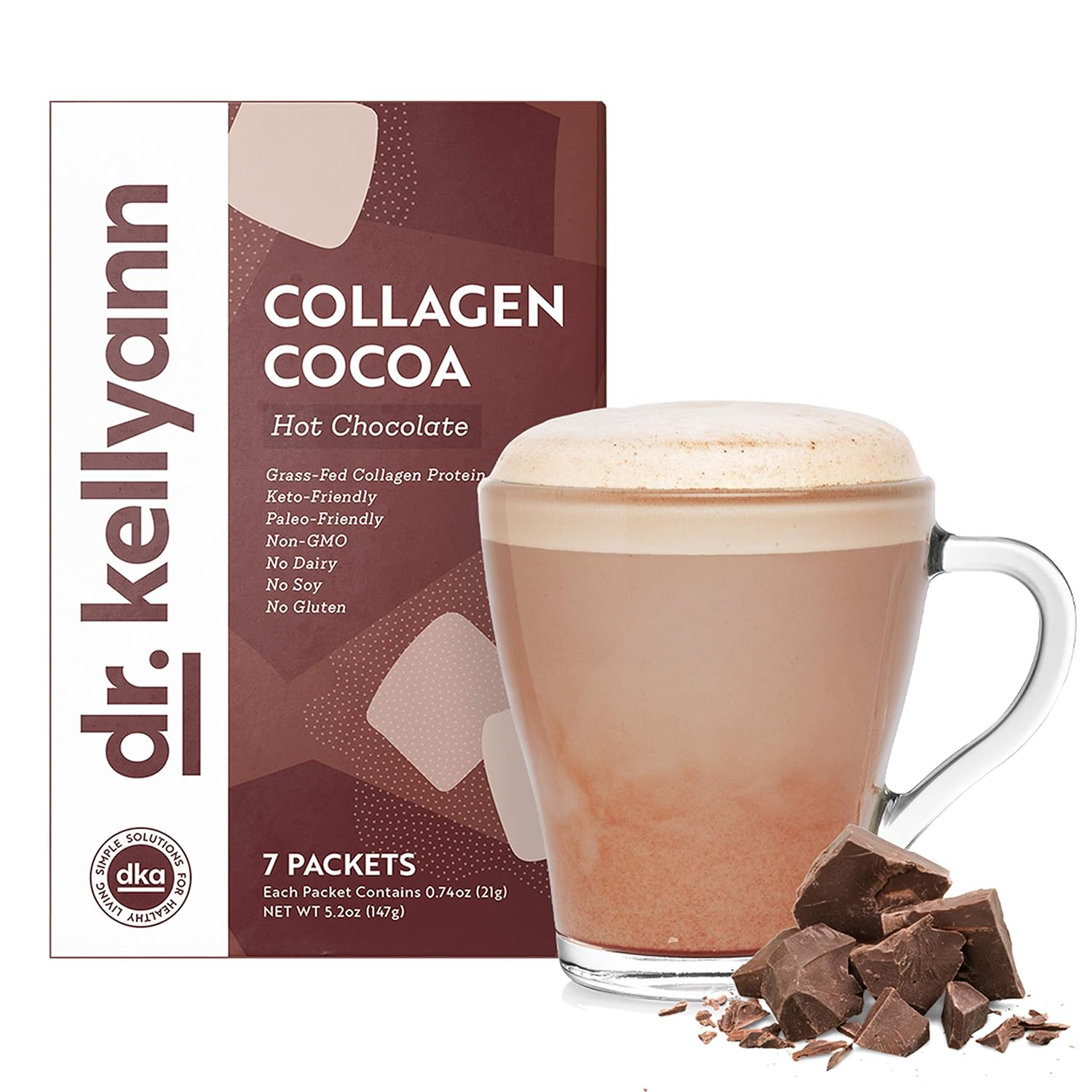 Dr. Kellyann Keto Cocoa Hot Chocolate Packets (7 Servings) – Grass-Fed Collagen & Coconut Milk, Sugar-Free, Keto-Friendly, 1 Pack