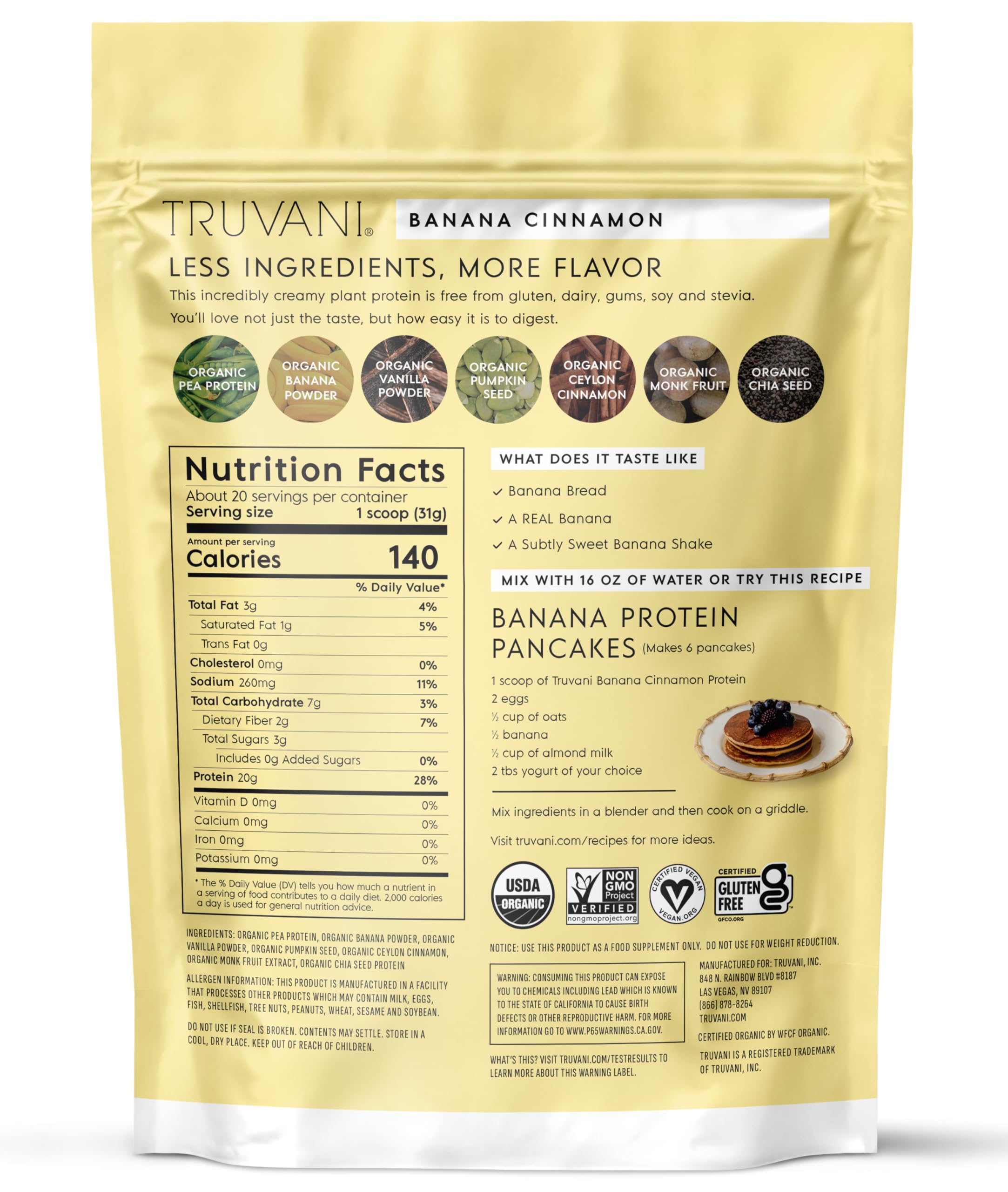 Truvani Organic Plant Based Protein Powder | Vanilla | 18 Servings | Vegan | 20g Pea Protein | Keto | Gluten & Dairy Free | Low Carb | No Added Sugar