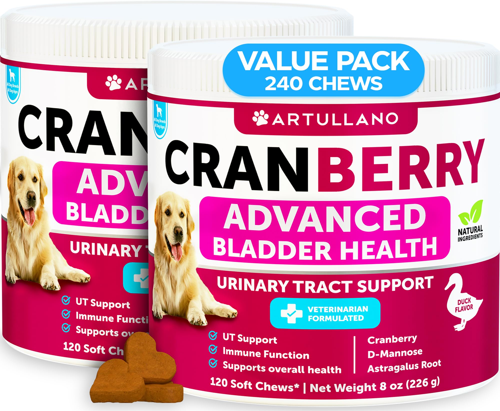 Dog UT Treats - Cranberry Chews for Dogs - Urinary Tract & Bladder Support Supplement with Natural Cranberry Extract - Tasty 120 Soft Bites for Daily Wellness with Fish Oil, Pumpkin, D-Mannose