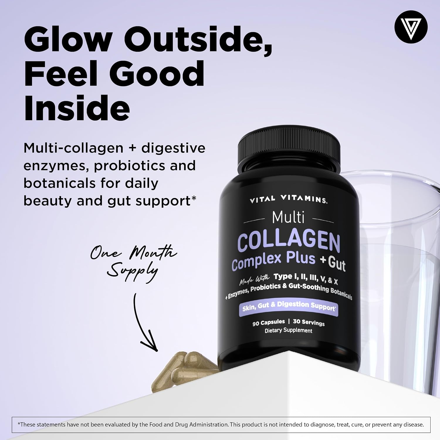 Vital Vitamins Multi Collagen Complex Plus + Gut, Probiotics & Enzymes | 5 Collagen Types I, II, III, V & X with Digestive Enzyme Blend, 3 Billion CFU Probiotic & Gut Botanicals, 90 Capsules
