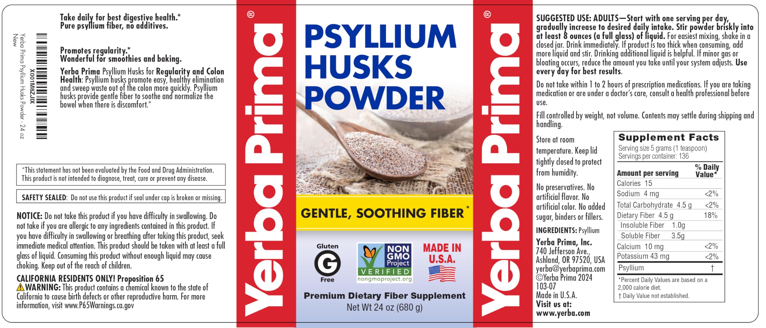 Yerba Prima Psyllium Husk Powder - 24 oz - Fine Ground, Unflavored, Sugar Free - Natural Fiber Supplement - Also for Baking - Contains Both Soluble & Insoluble Bulk for Regularity Support