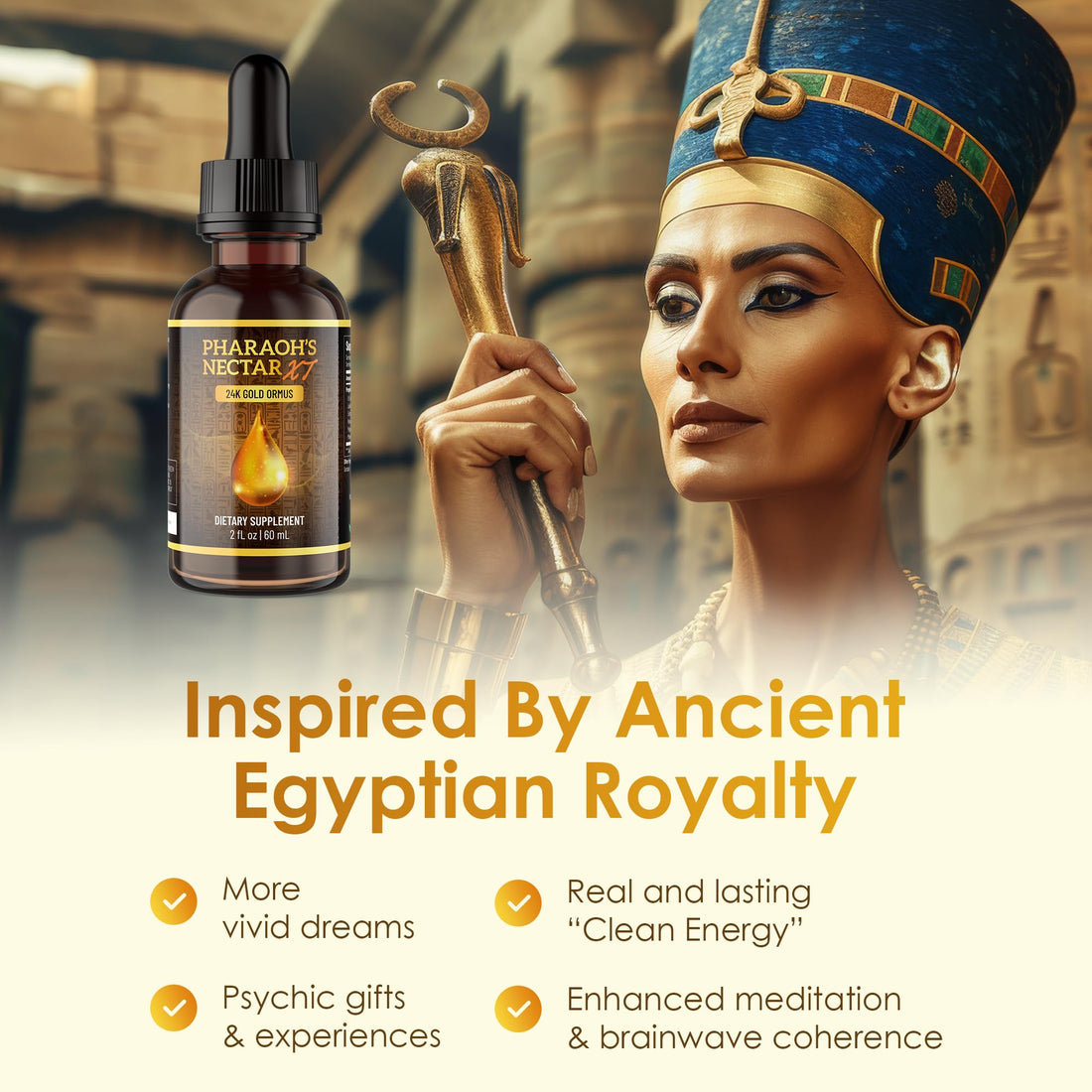 Two dietary supplement bottles, one labeled 'Pineal XT Gold' and the other 'Pharaoh's Nectar', on a white background.
