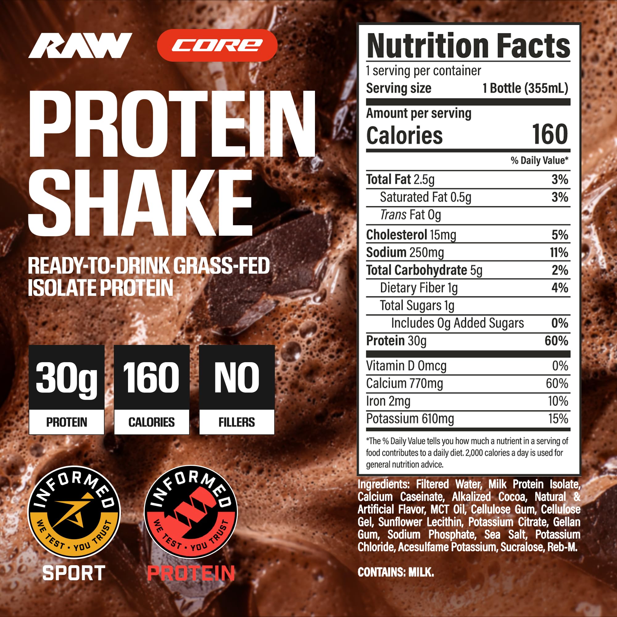 RAW Ready-to-Drink Protein Shake, Strawberry - RTD Protein Drinks with Grass-Fed Whey Protein Isolate for Post-Workout - Zero-Sugar & Gluten-Free Meal Replacement Drink & Breakfast Shake, 12 Fl Oz
