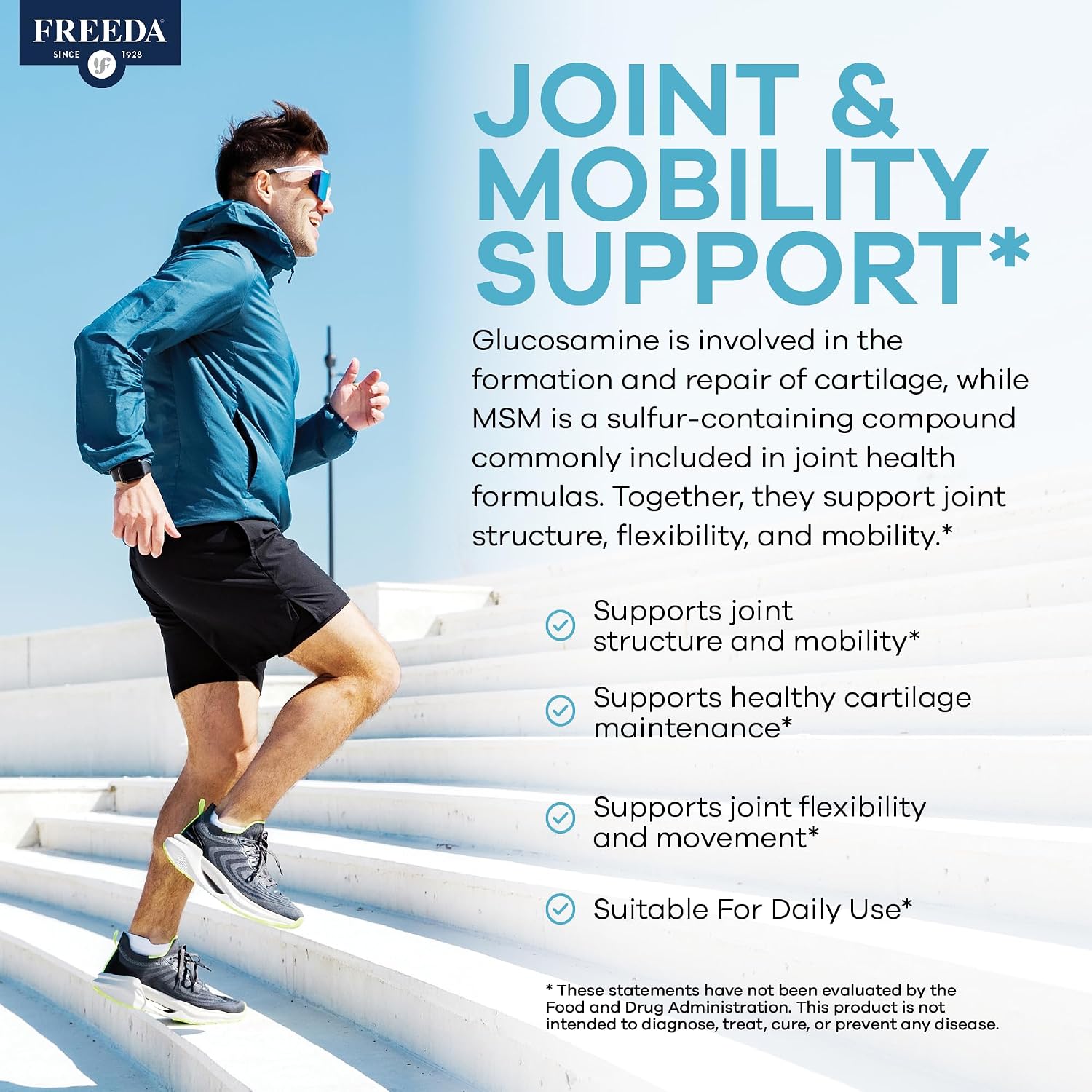 FREEDA Glucosamine 1500mg + MSM 750mg for Bone & Joint Support – 100ct | For Active Lifestyles – Supports Knees, Hips, Flexibility, & Mobility – Vegan, Kosher, Shellfish-Free, Made in USA