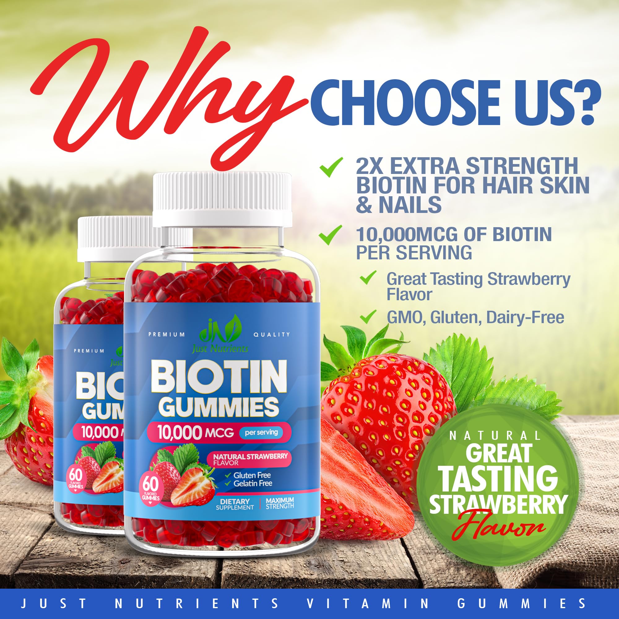 Biotin 10,000mcg Gummies for Hair Growth, Skin & Nails (100 Count) | 2x Maximum Strength Biotin Vitamins for Women & Men - Gluten-Free, Vegan, Great Tasting Strawberry Flavor