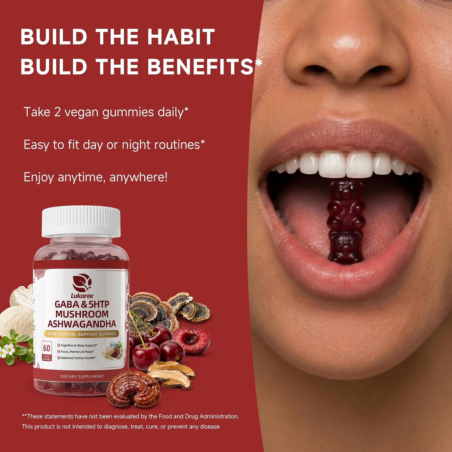 GABA & Mushroom Gummies Supplement for Sleep & Brain Support,Extra Strength | Plus Mushroom Complex, 5‑HTP & Tart Cherry, No Melatonin for Natural Sleep, Berry Flavor-Sugar Free, 60 Gummies