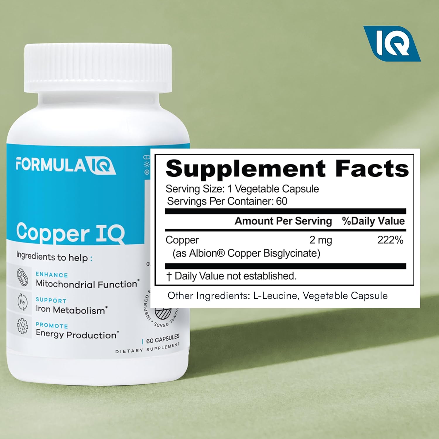 Formula IQ - Copper IQ - High Absorption Albion Bisglycinate Mineral for Energy Production & Iron Metabolism Support, Chelated Supplement, 60 Veggie Capsules
