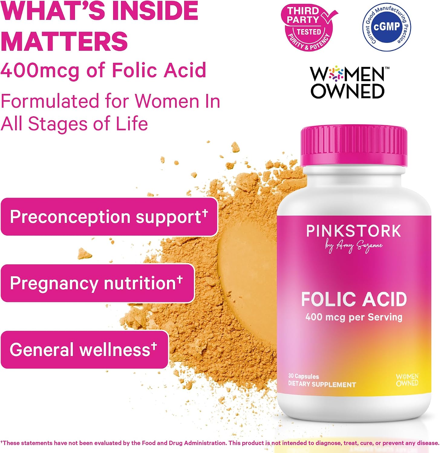 Pink Stork Folic Acid Supplement for Women – 400mcg, 30 Capsules | Daily Vitamin B9, Prenatal & Fertility Support, Supports Red Blood Cell Formation & Energy, Vegetarian