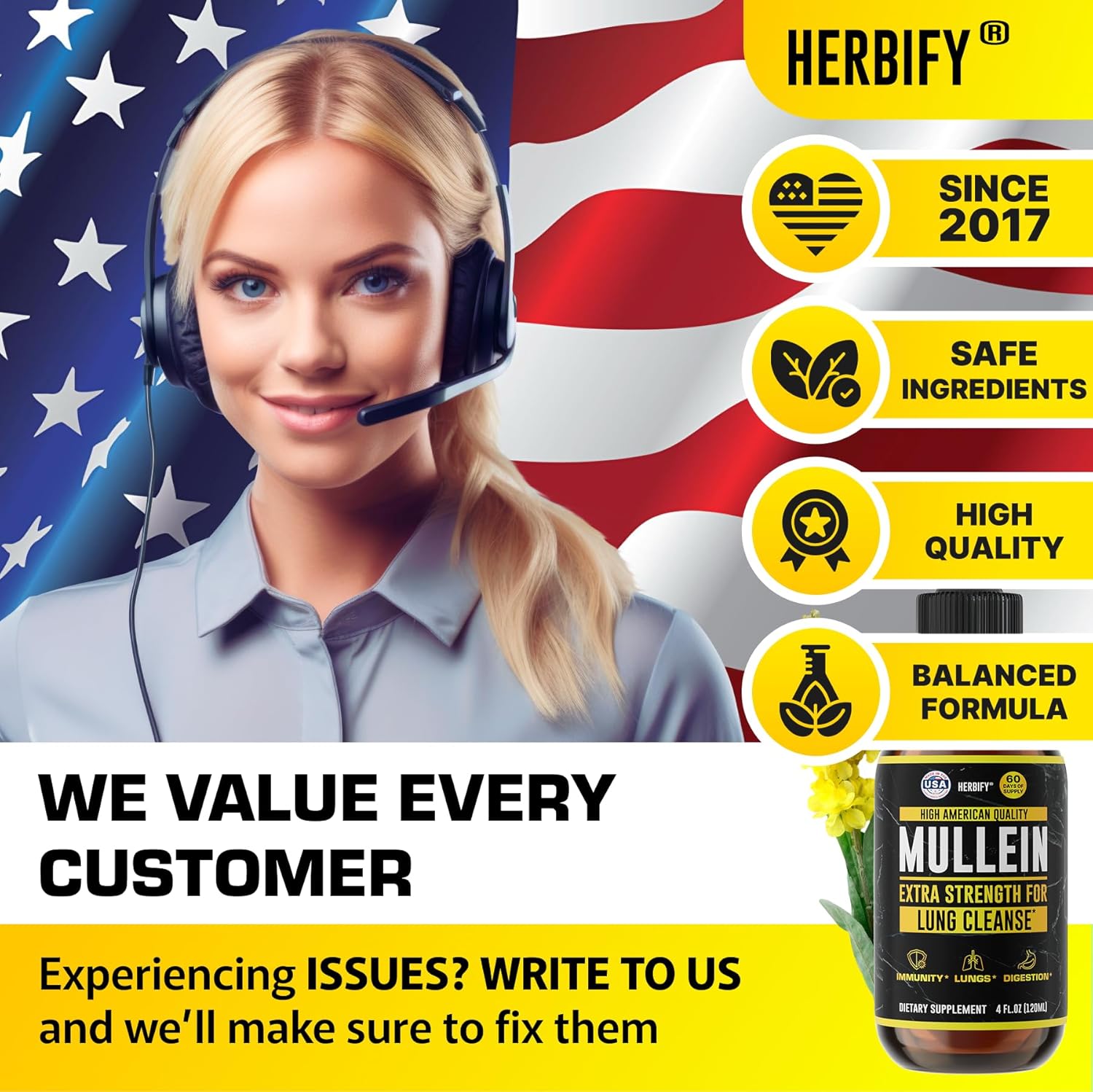 HERBIFY Bundle Lions Mane Capsules & Mullein Drops - Daily Supplement for Memory, Focus, Clarity & Powerful Lung Cleanse Support