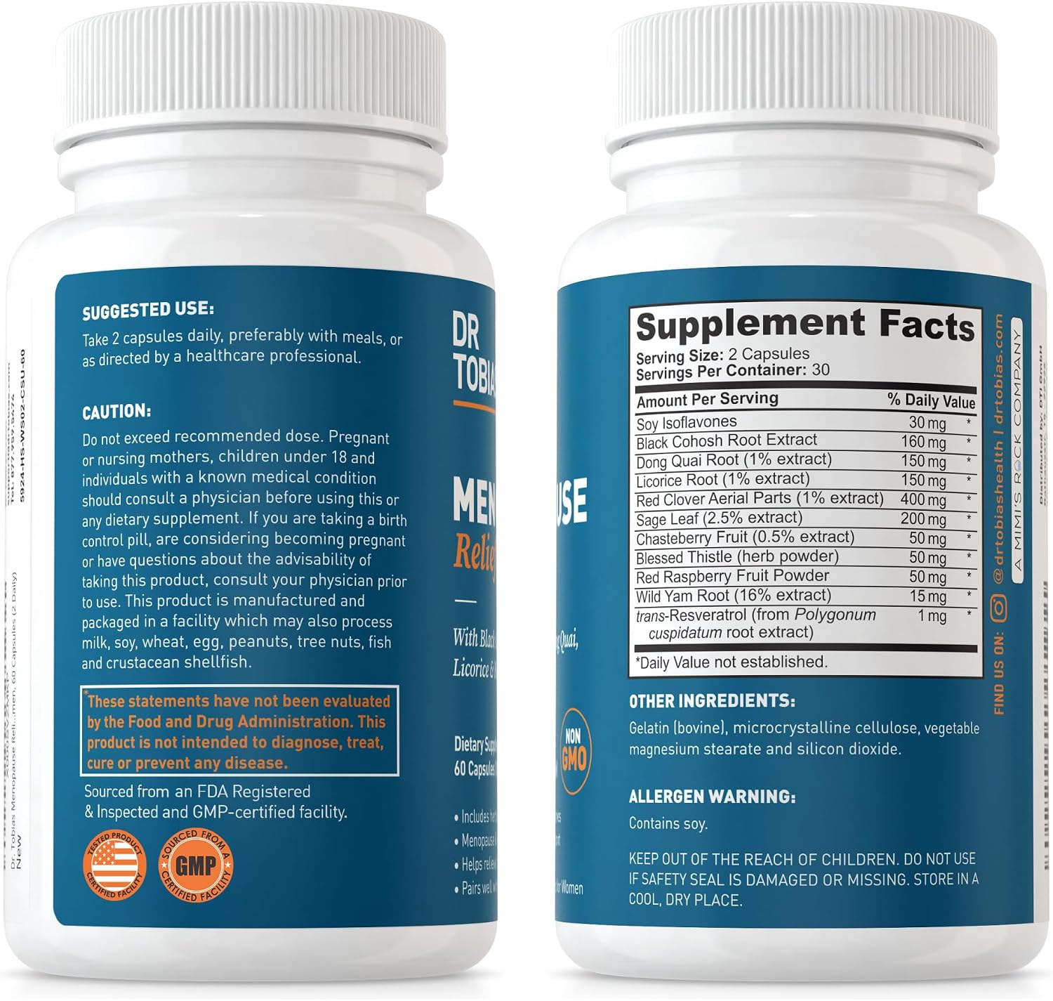 Dr. Tobias Menopause Relief 60 Capsules | Menopause Supplements for Women | Menopause Wellness Support | Black Cohosh + Soy Isoflavones | Hot Flashes, Mood & Nighttime Comfort | 30 Servings