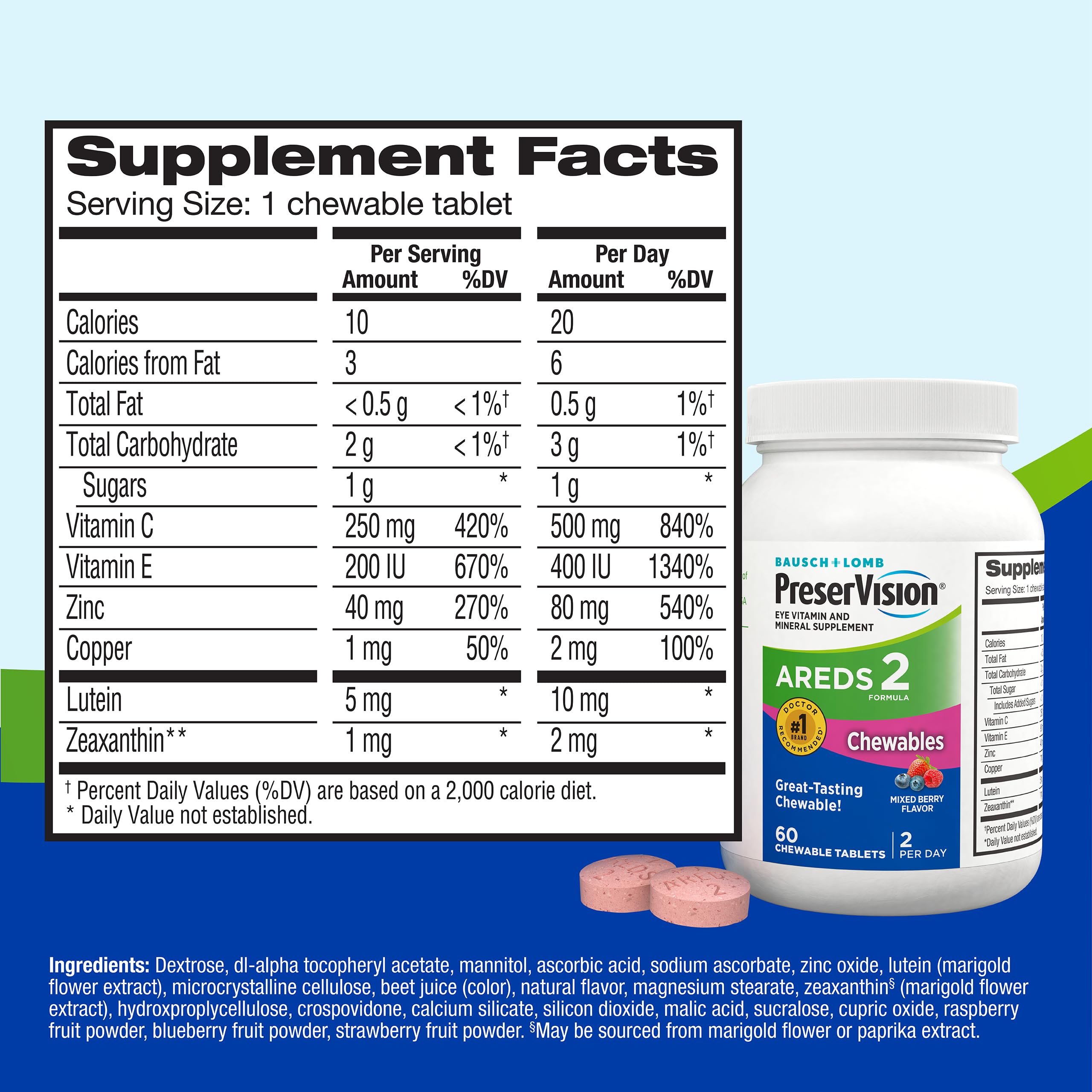 PreserVision AREDS 2 Eye Vitamins, #1 Eye Doctor Recommended Brand, Chewable Lutein and Zeaxanthin Supplement with Vitamin C, Vitamin E,Zinc, and Copper, Mixed Berry, 70 Tablets PreserVisionBuy Supplements Australia