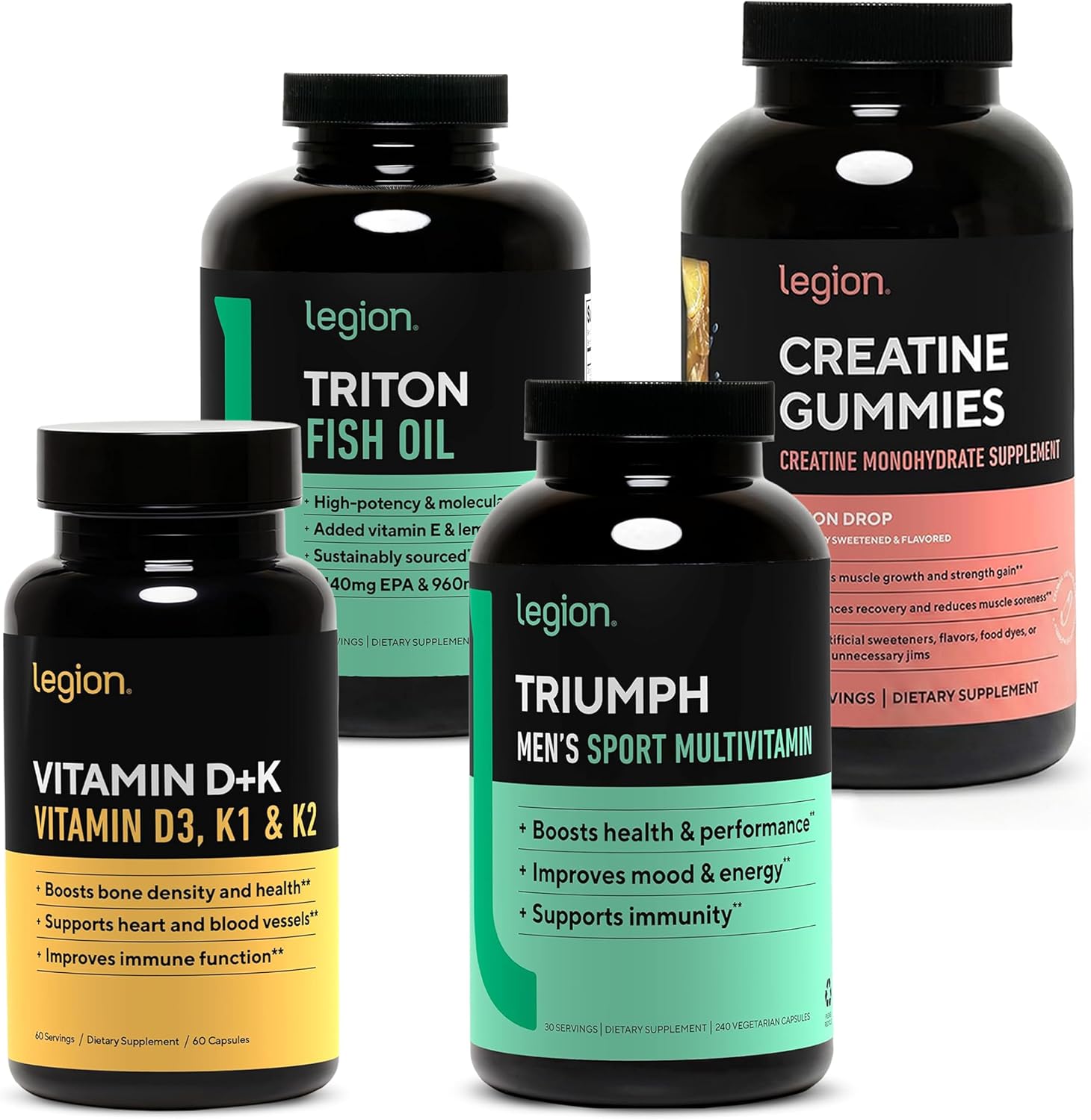 LEGION Men’s Wellness Stack – Creatine Gummies + Triumph Multivitamin + Vitamin D3 K2 + Triple Strength Omega 3 Fish Oil – Strength, Energy, Heart & Immune Support