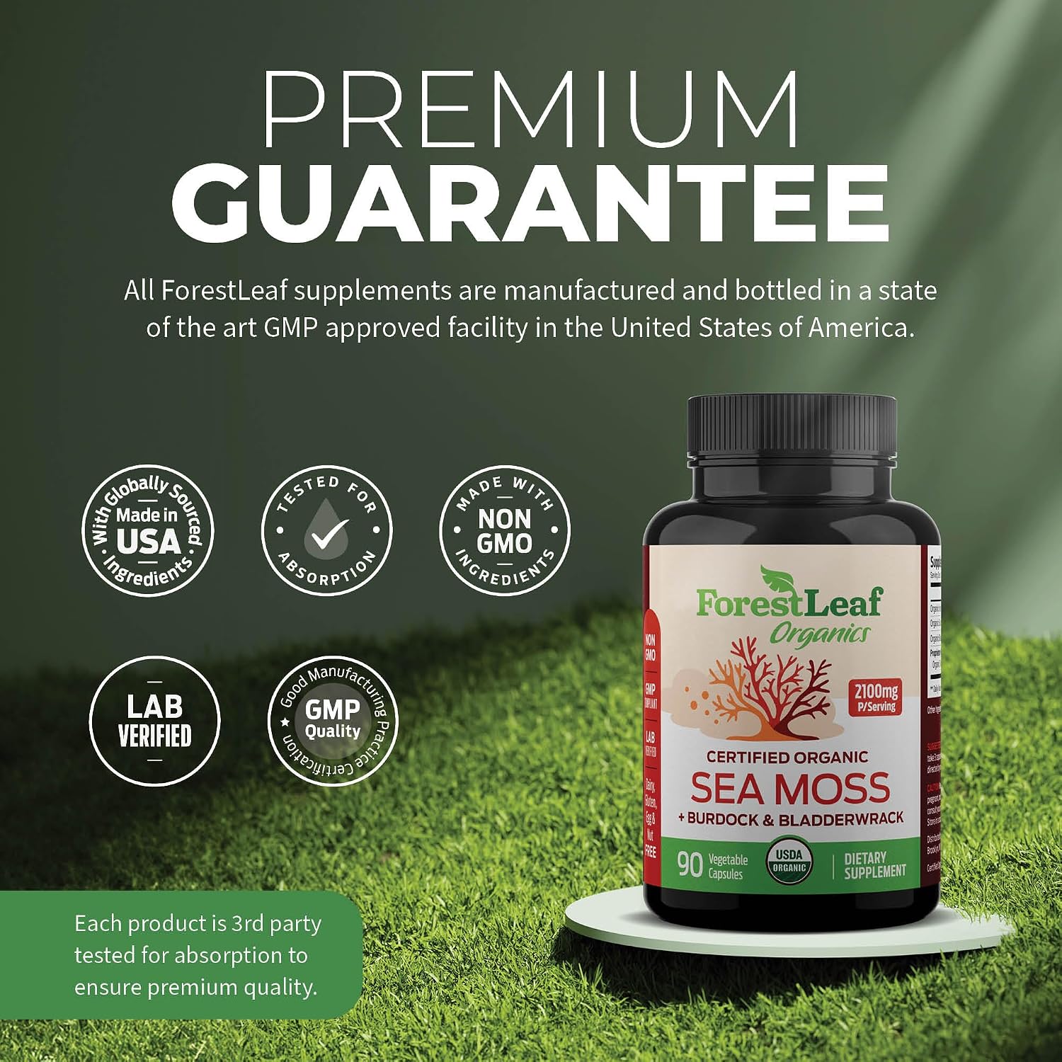 ForestLeaf Organic Irish Sea Moss Capsules | 2100mg Raw Seamoss Pills Advanced Supplement Superfood + Burdock, Bladderwrack for Digestive, Respiratory, Immune Health | 90 Vegan Organic Sea Moss Caps