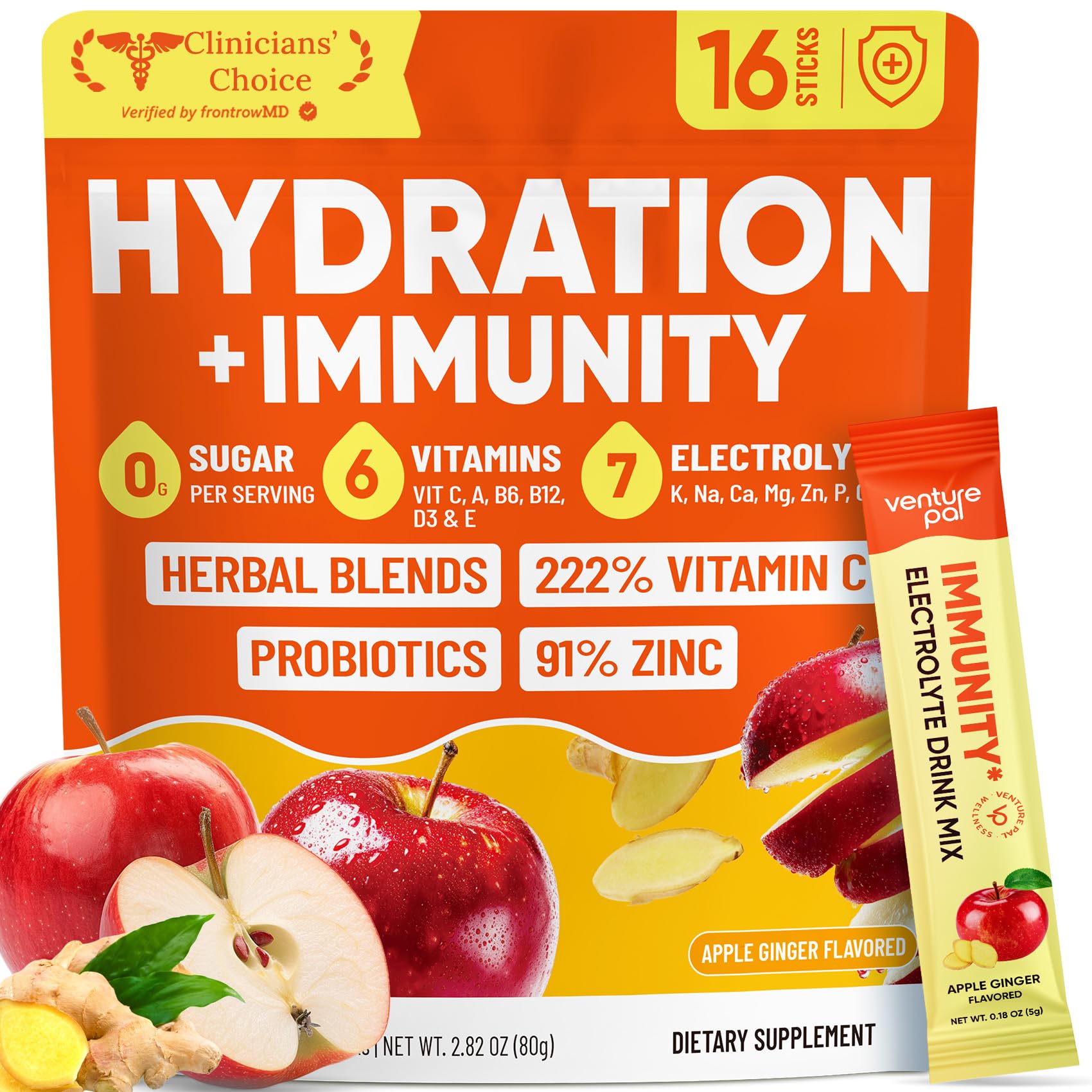 Venture Pal Sugar Free Hydration Packets+Immune-Liquid Daily IV Drink Mix | Electrolyte Powder with 7 Electrolytes & 6 Vitamins, Probiotics + Elderberry | Non-GMO, Keto Friendly, Vegan | 16 Sticks