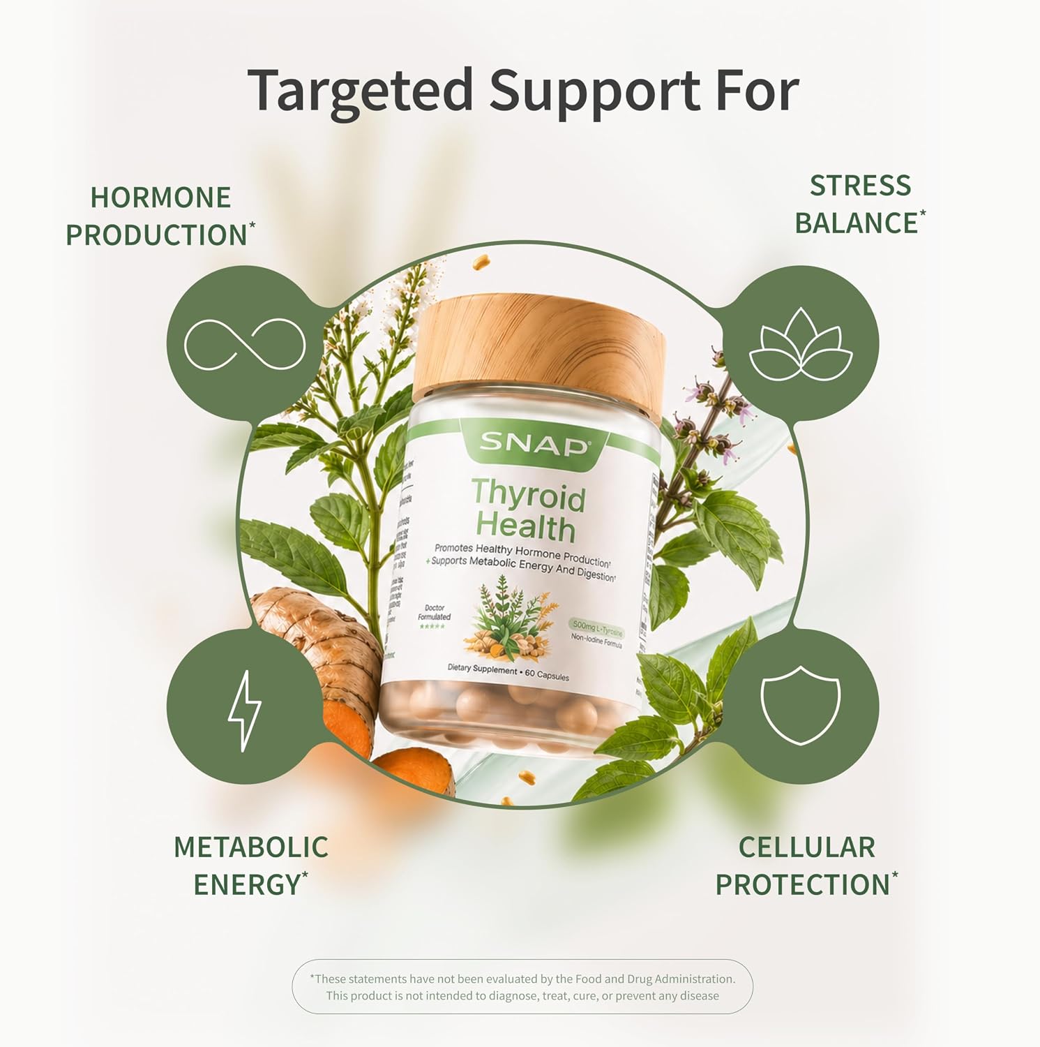 Snap Supplements Thyroid Health, Selenium, Zinc, L-Tyrosine, 60 Capsules | Thyroid Support Supplement for Women & Men, Botanicals for Metabolism, Energy & Endocrine Balance, Iodine-Free, Vegan
