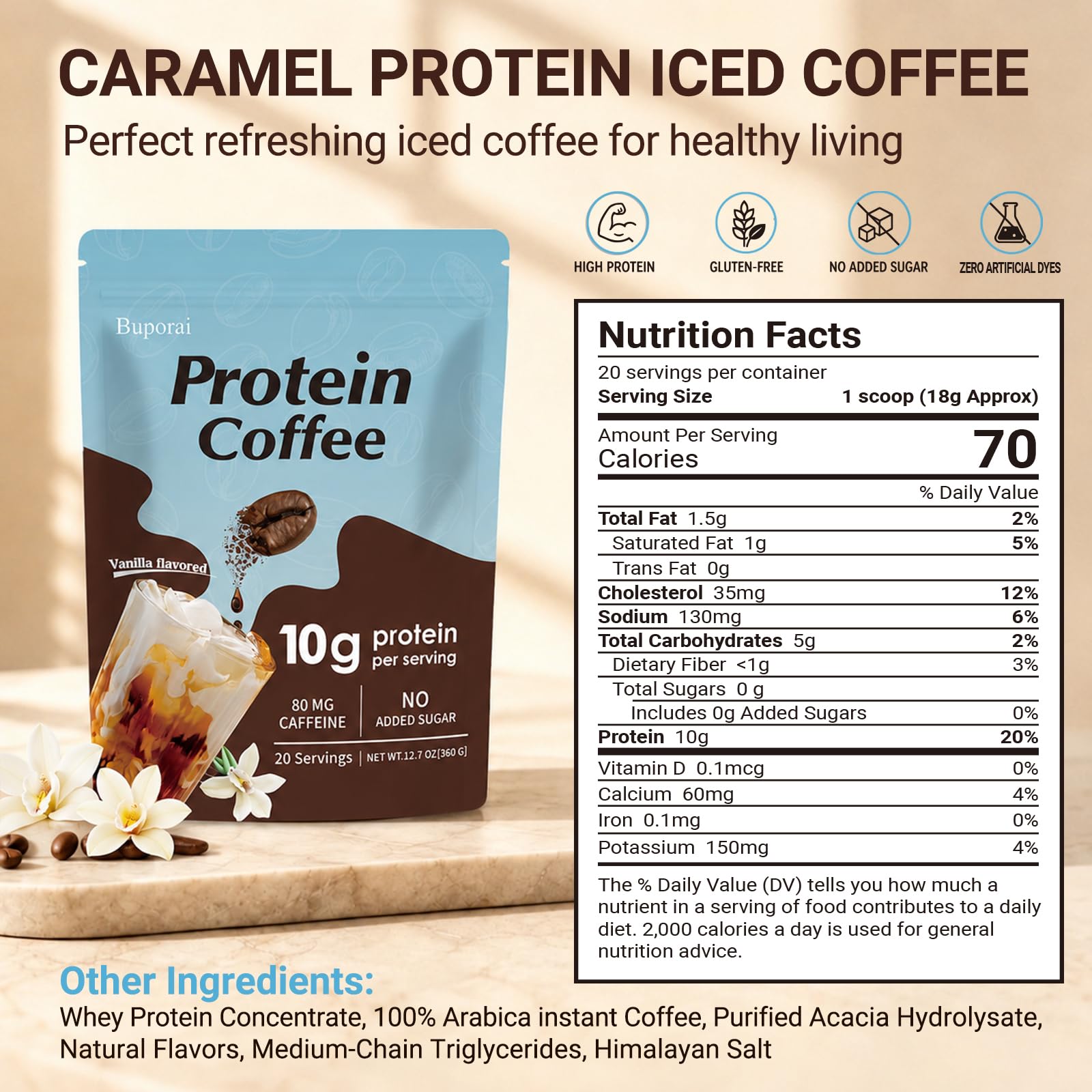 Caramel Protein Coffee Powder - Instant Iced Coffee, Sugar Free, Keto Friendly, 10 g Protein, 80 mg Caffeine Per Serving - 20 Servings