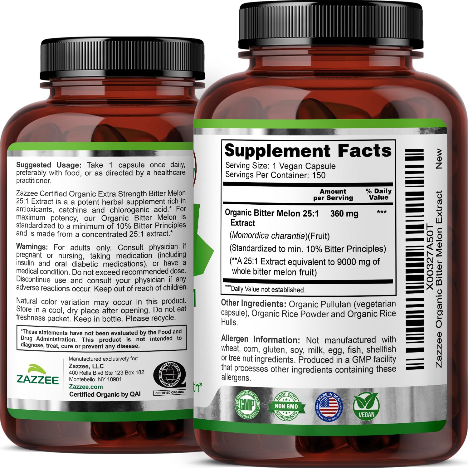 Zazzee USDA Organic Bitter Melon 25:1 Extract, 10% Bitter Principles, 150 Vegan Capsules, 5 Month Supply, Extra Strength, Momordica Charantia, Antioxidant & Metabolic Support, Non-GMO, Made in the USA