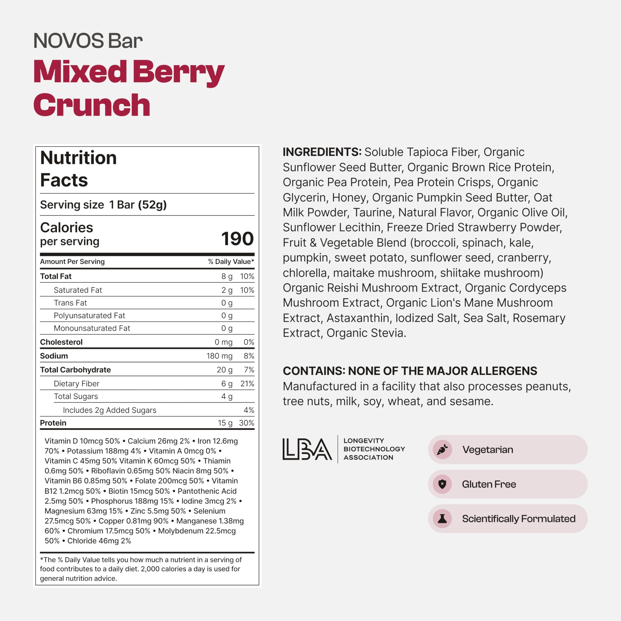 Novos Longevity Protein Bar | 15g Protein, 20 Superfoods, 5 Longevity Ingredients for Men & Women | Supports Skin, Mind & Mood | Mixed Berry Crunch (12-Pack)