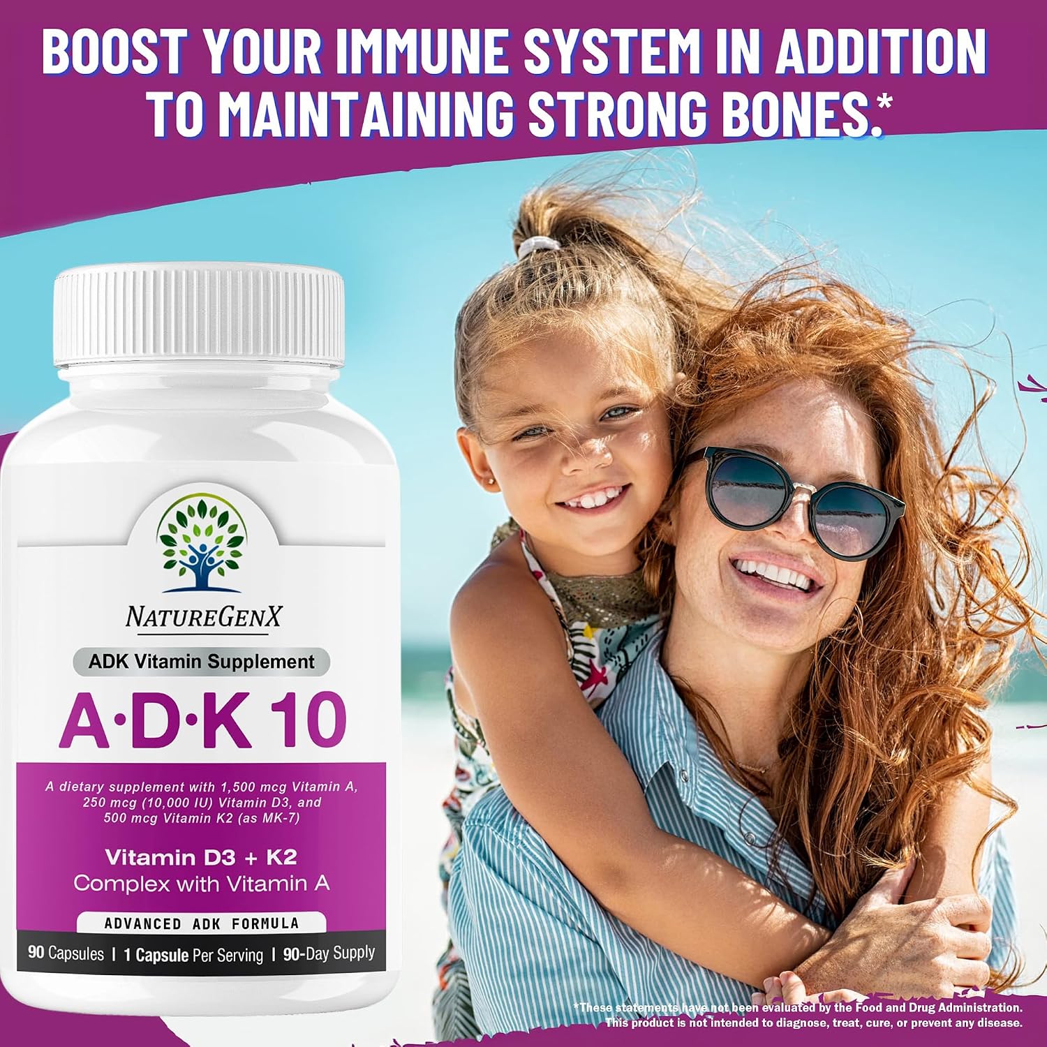 NatureGenX ADK10 – Vitamins A, D3 250 mcg & K2 MK-7 for Bone, Heart & Immune Health – Non-GMO, Gluten-Free, Soy-Free – 90 Capsules (3-Month Supply) | For Bone, Heart & Immune Health - Non-GMO, Gluten-Free, Soy-Free - 90 Capsules (3-Month Supply)